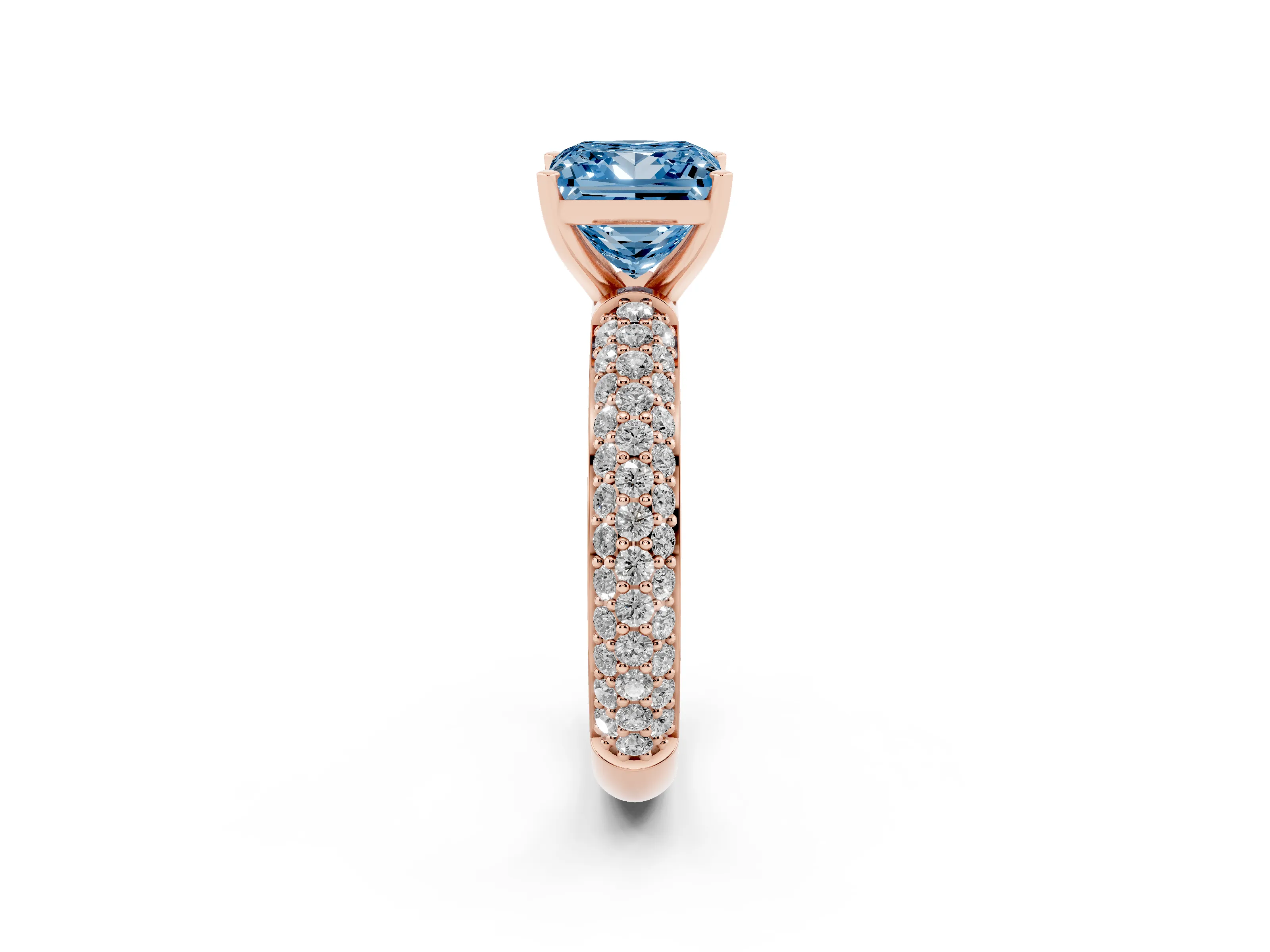 Fancy Blue Princess Cut Diamond Solitaire Ring Set in Rose gold with Prong Setting and Pavé-Set Band