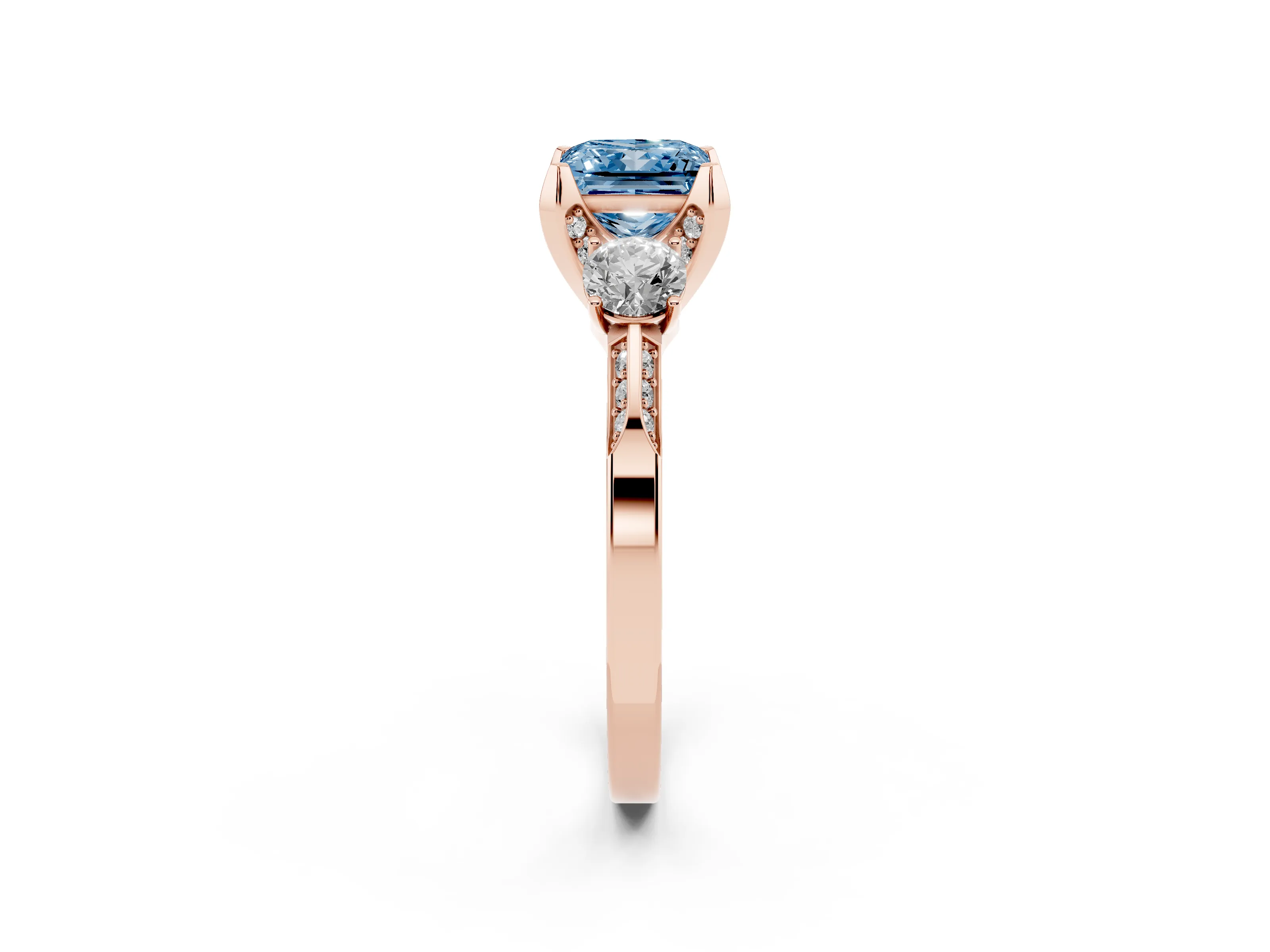 Fancy Blue Princess Cut Diamond Three-Stone Ring Set in Rose gold with Pavé Band and Smaller Side Stones