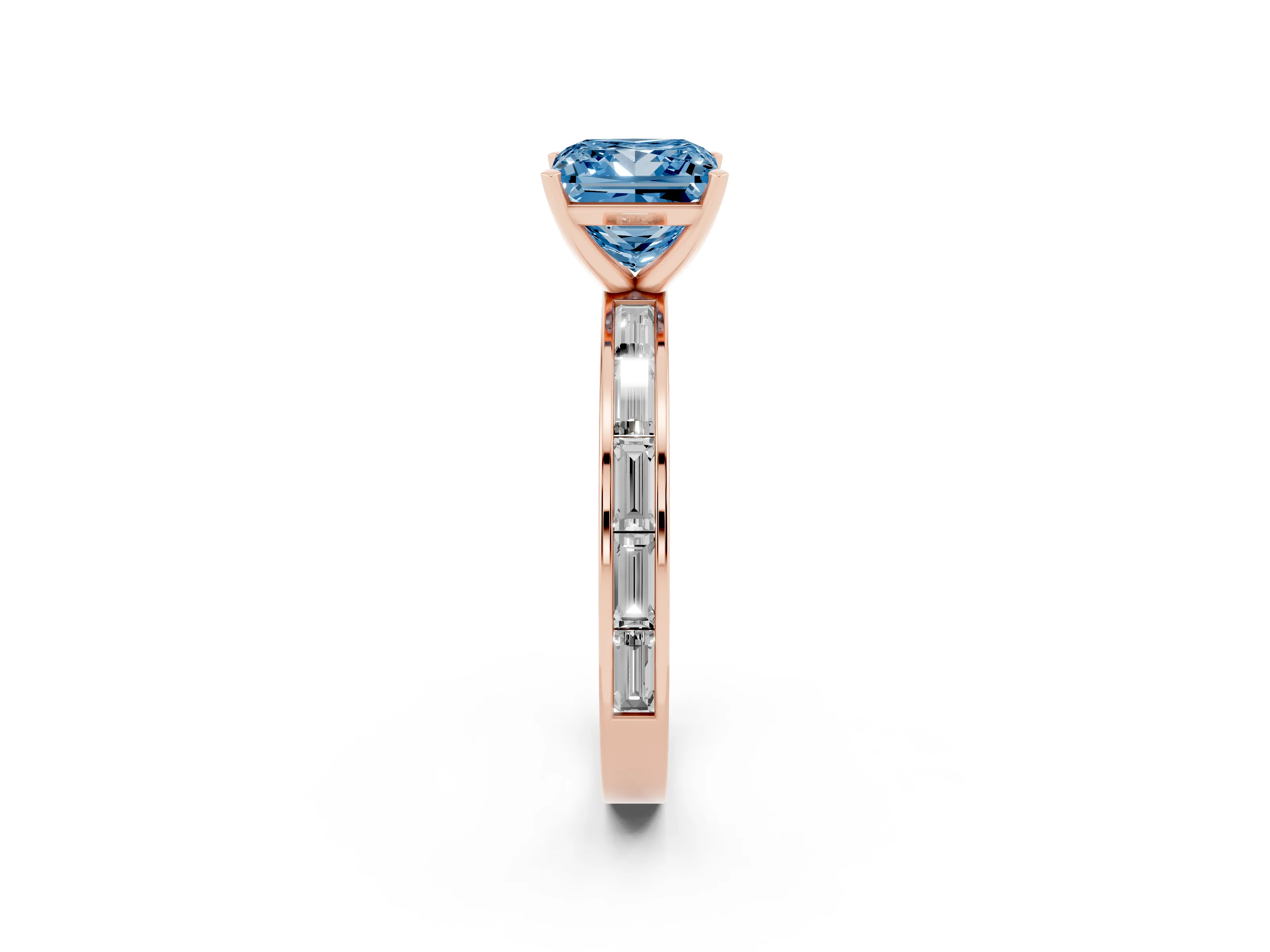 Fancy Blue Princess Cut Diamond Solitaire Ring Set in Rose gold with Channel-Set Baguette Band and Prong Setting