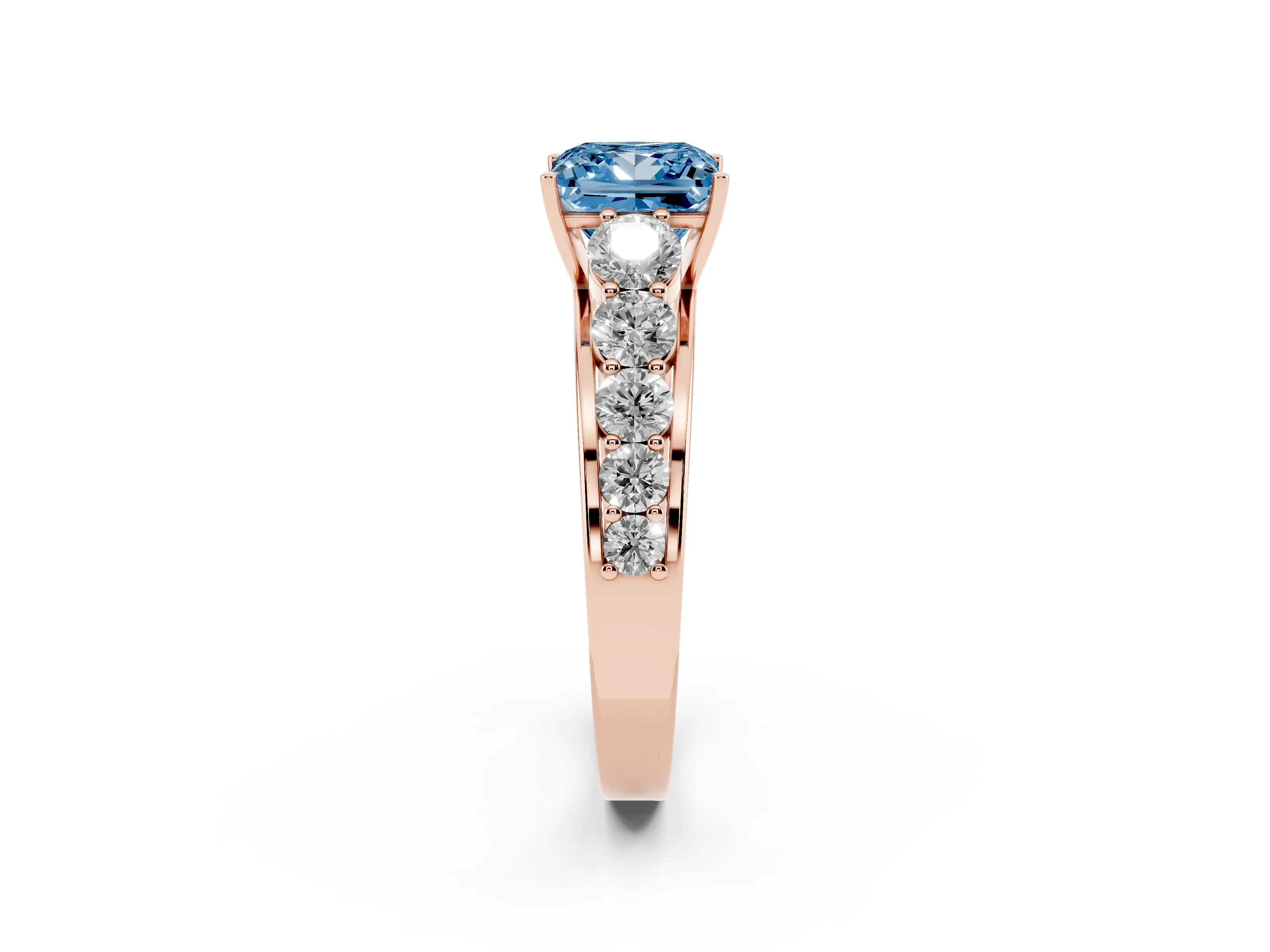 Fancy Blue Princess Cut Diamond Solitaire Ring Set in Rose gold with Pavé-Set Band and Prong Setting
