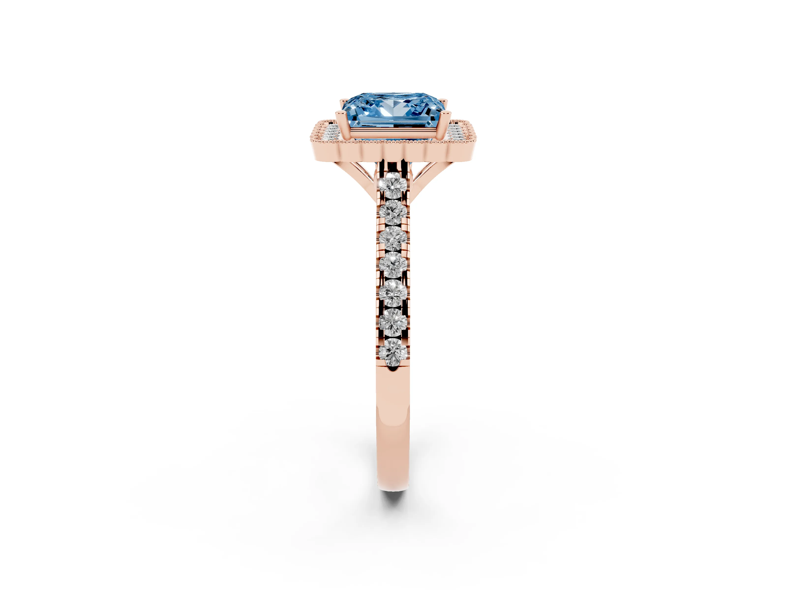 Fancy Blue Princess Cut Diamond Milgrain Floral Halo Engagement Ring Set in Rose gold with Pavé Band