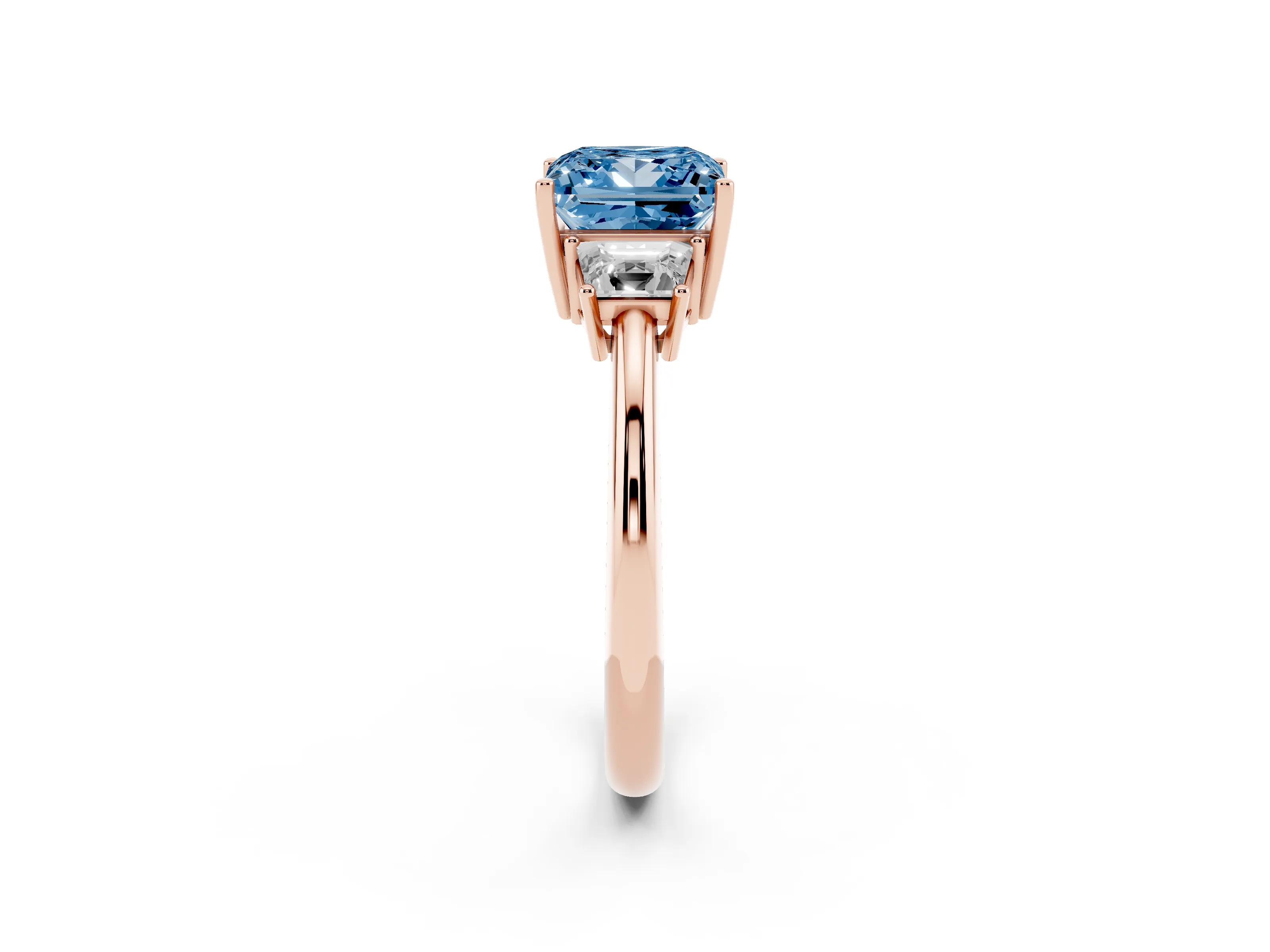 Fancy Blue Princess Cut Diamond Three-Stone Ring Set in Rose gold with Trapezoid Side Stones and Prong Setting
