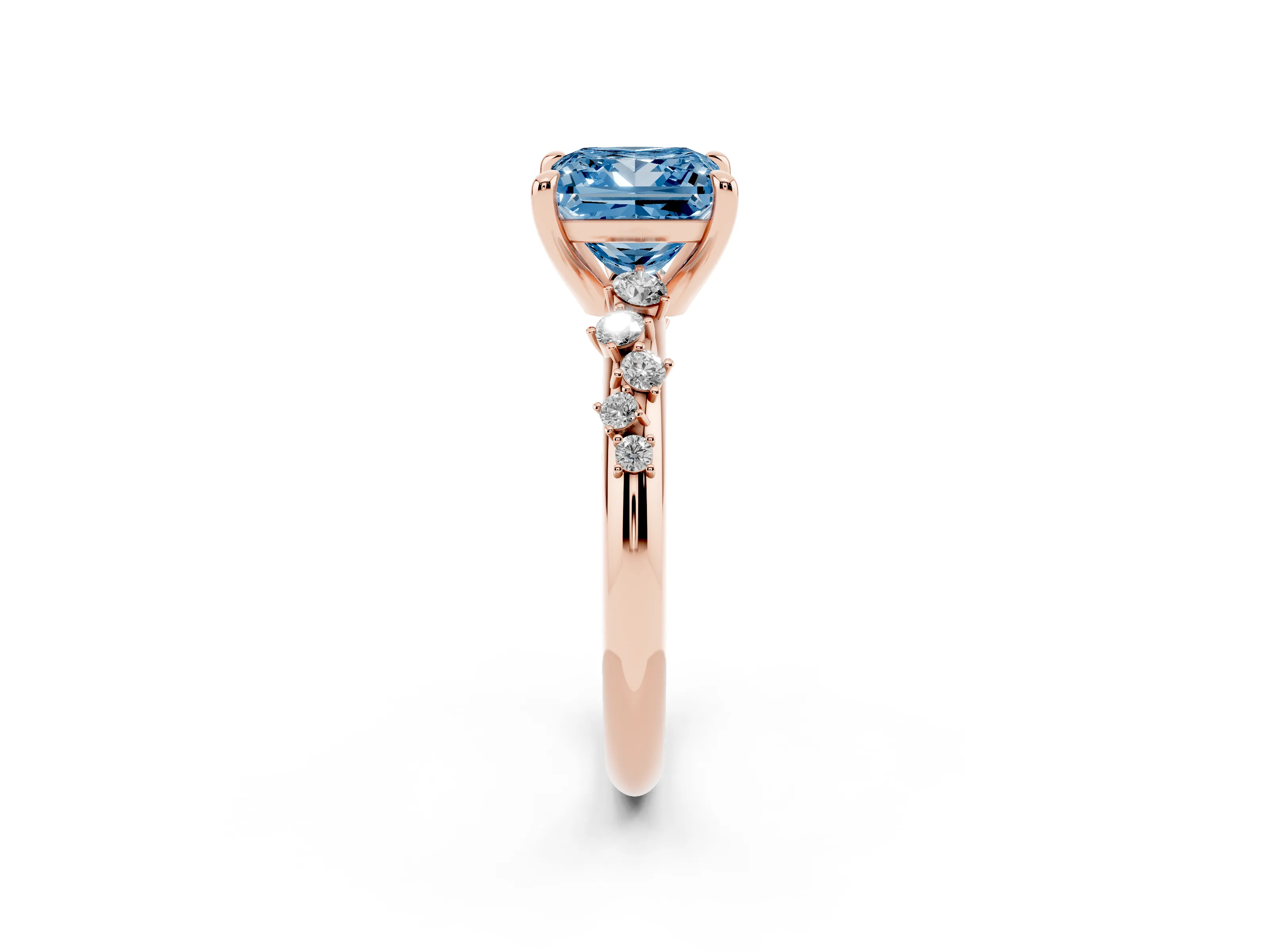 Fancy Blue Princess Cut Diamond Solitaire Vine Band Ring Set in Rose gold with Round Accents and Prong Setting