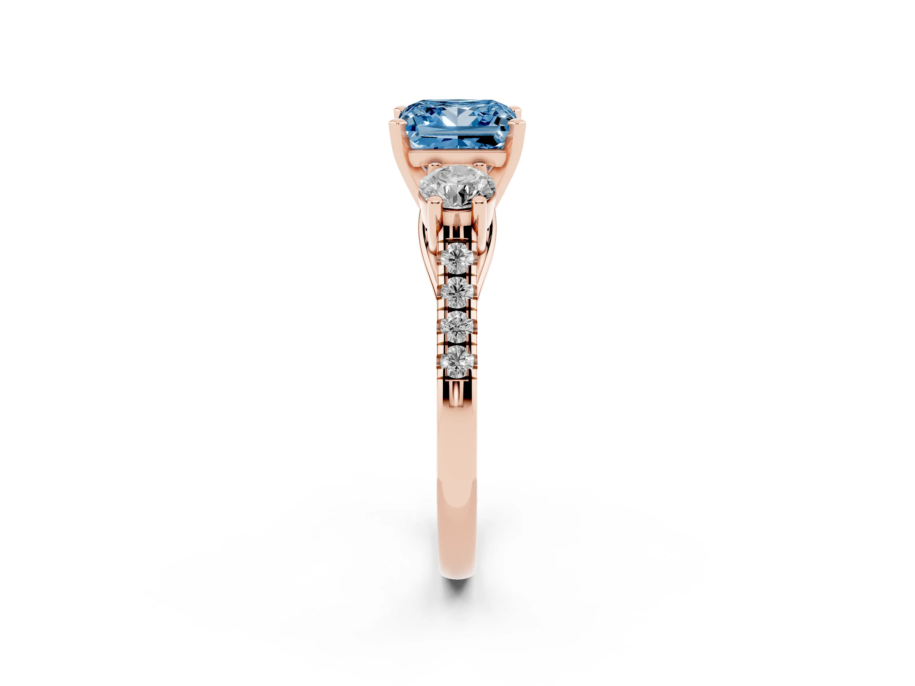 Fancy Blue Three-Stone Princess Cut Diamond Pavé Band Ring Set in Rose gold with Prong-Set Trio