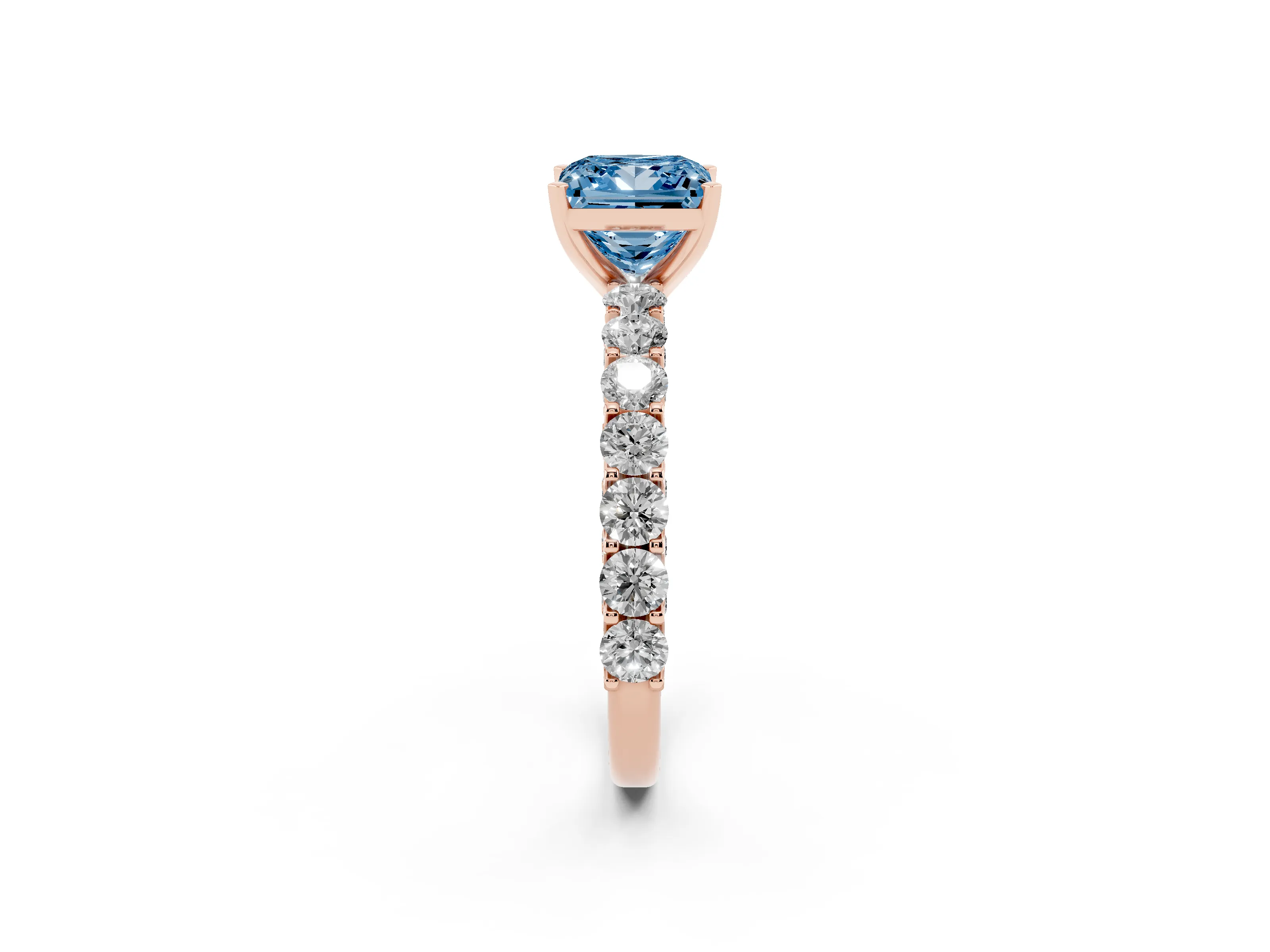 Fancy Blue Princess Cut Diamond Solitaire Ring Set in Rose gold with Shared Prong Pavé Band
