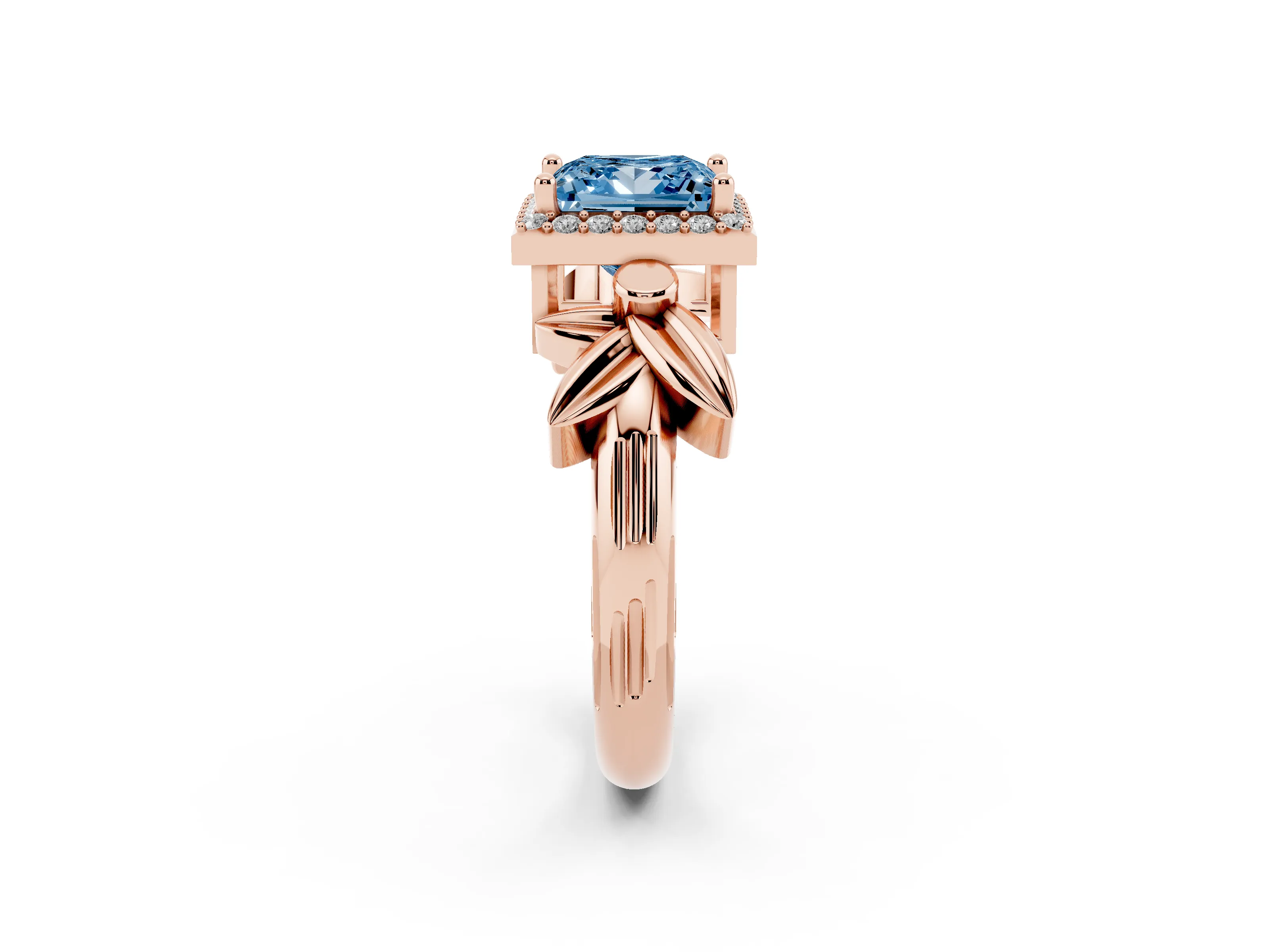 Fancy Blue Princess Cut Diamond Halo Floral Band Ring Set in Rose gold with Prong Setting