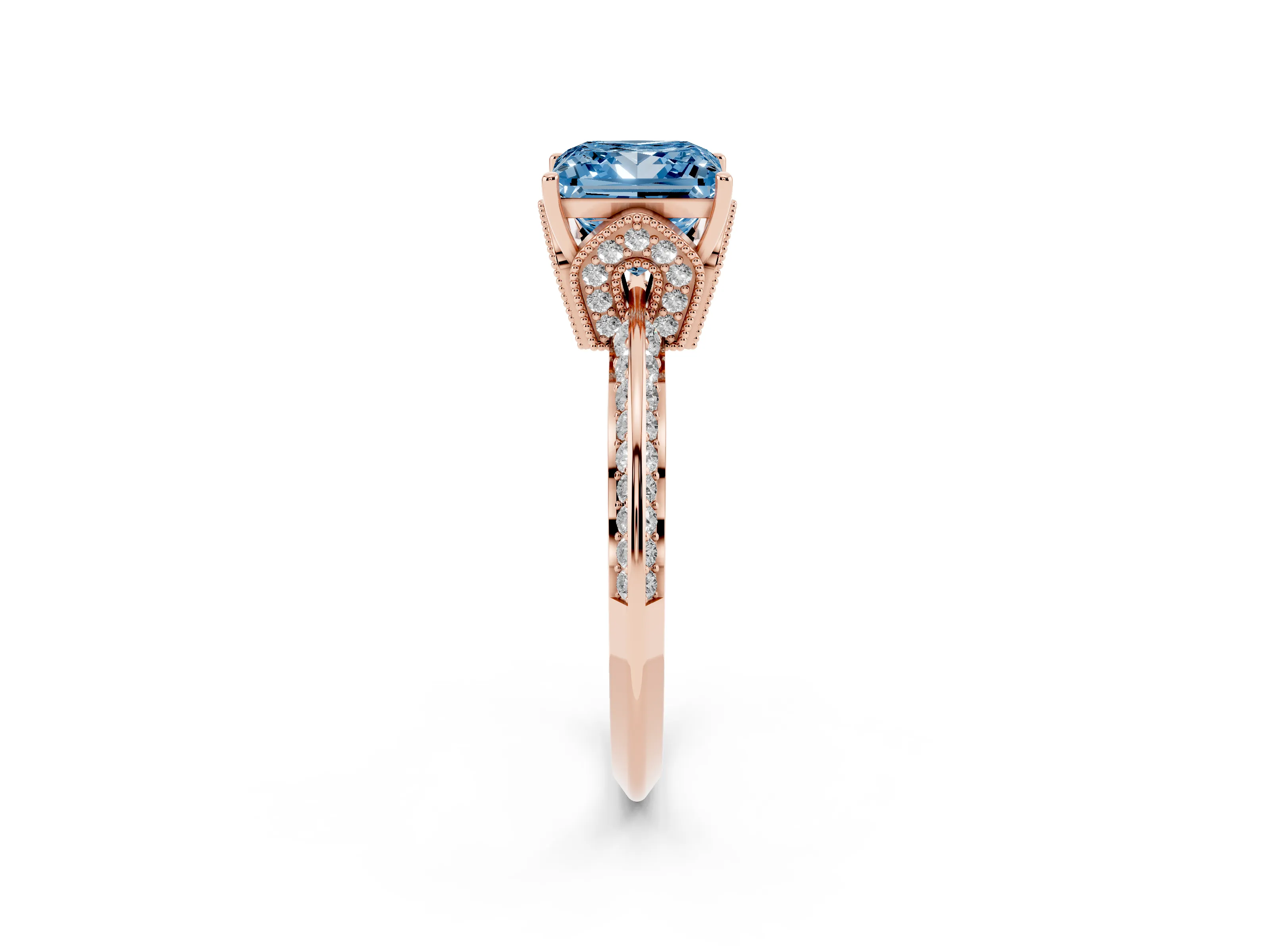 Fancy Blue Princess Cut Diamond Solitaire Engagement Ring Set in Rose gold with Pavé Split Shank and Prong Setting