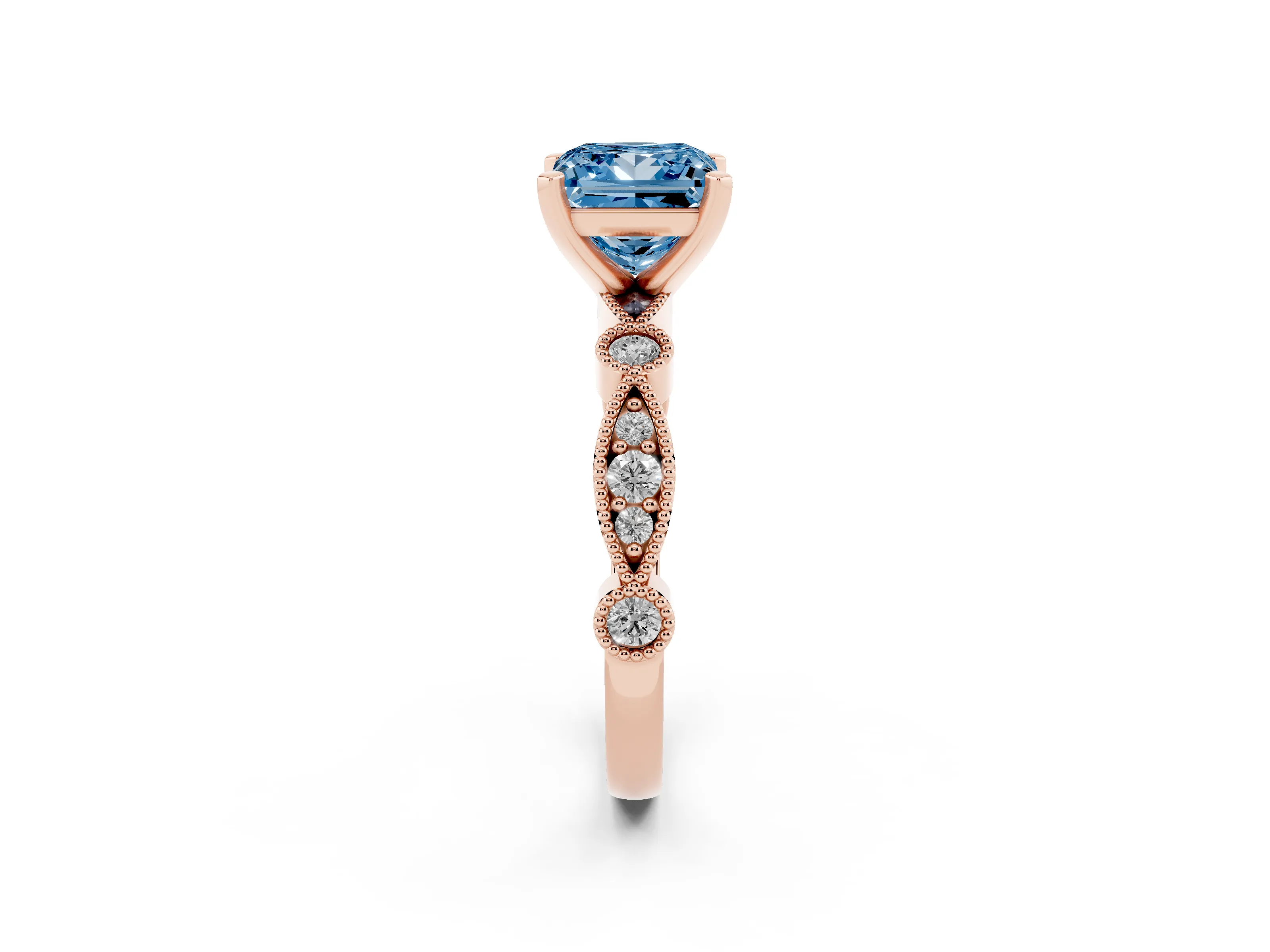 Fancy Blue Princess Cut Diamond Solitaire Engagement Ring Set in Rose gold with Milgrain Bezel Accent Band