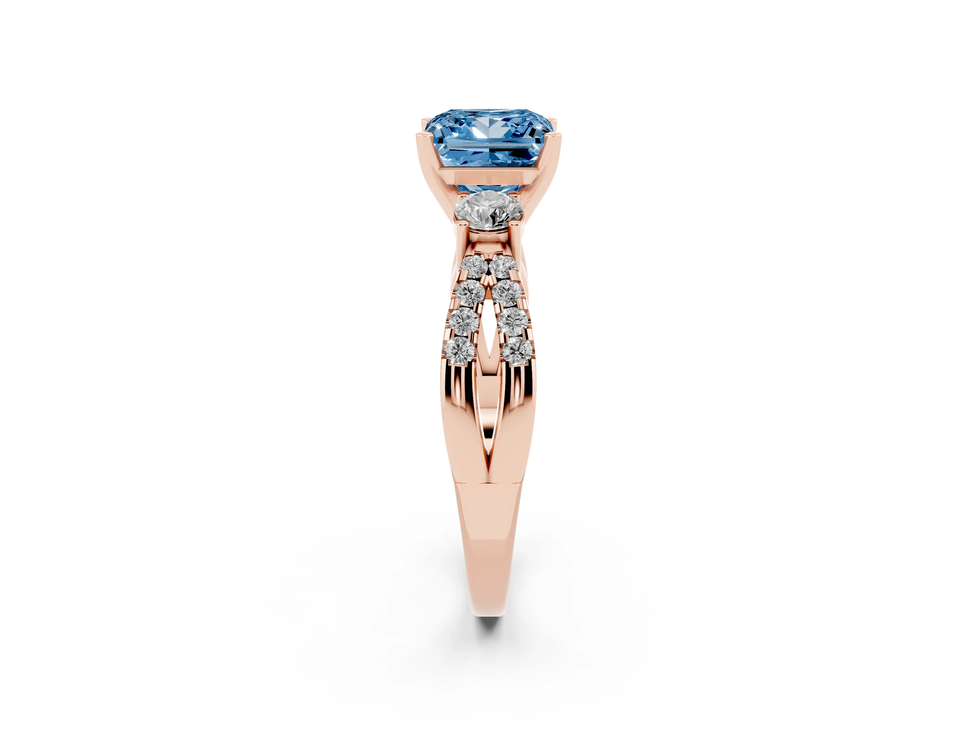 Fancy Blue Princess Cut Diamond Three-Stone Ring Set in Rose gold with Pavé Split Shank and Prong Setting