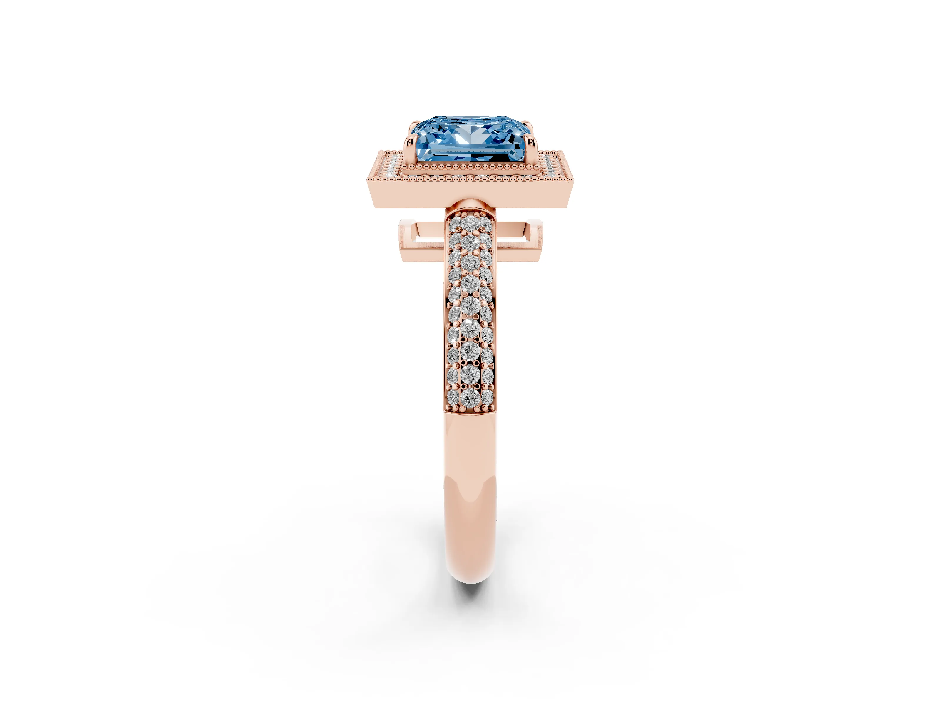 Fancy Blue Princess Cut Diamond Halo Pavé Band Set in Rose gold with Prong Setting
