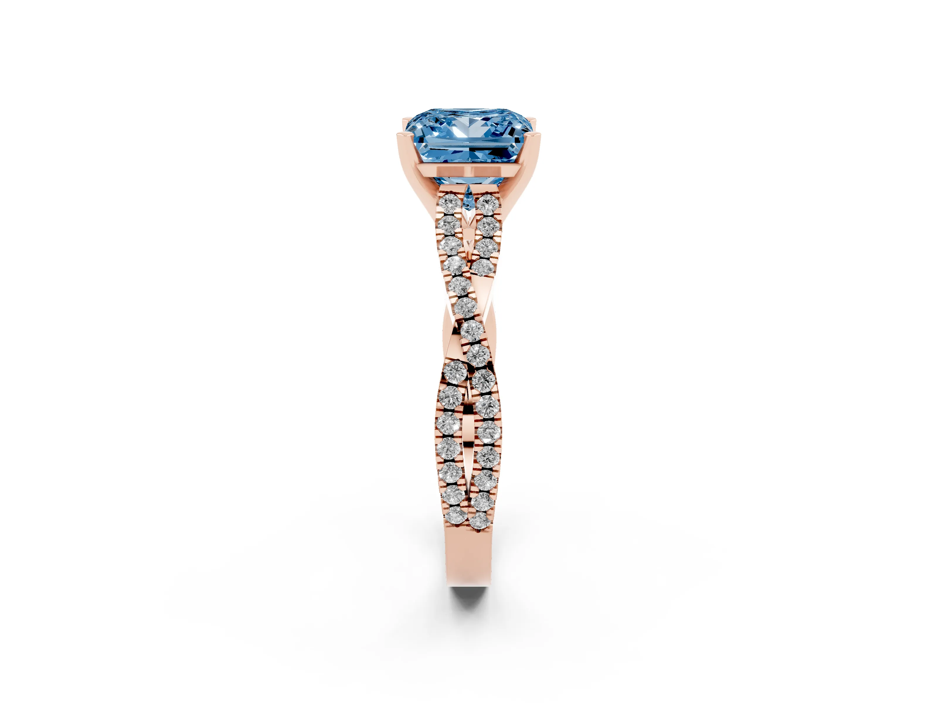 Fancy Blue Princess Cut Diamond Solitaire Engagement Ring Set in Rose gold with Twisted Pavé Band and Prong Setting
