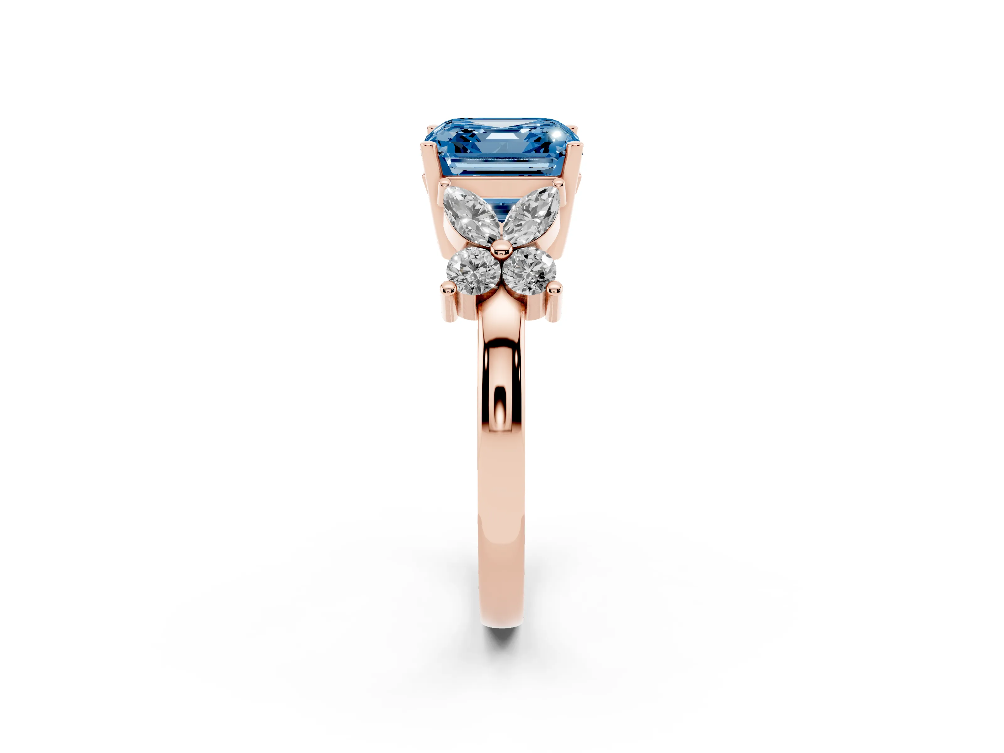 Fancy Blue Princess Cut Diamond Floral Cluster Ring Set in Rose gold with Marquise Petals and Prong Setting