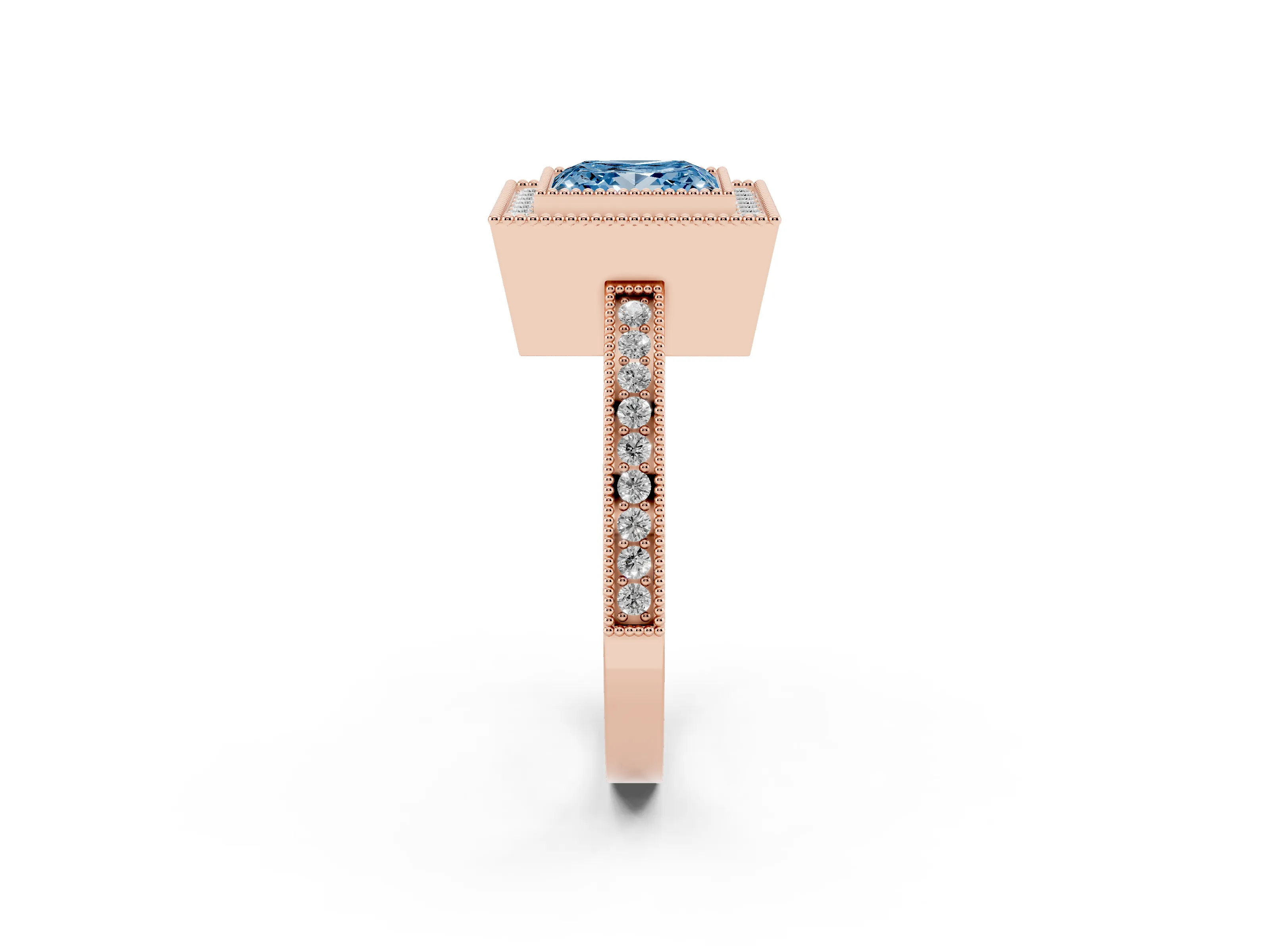 Fancy Blue Princess Cut Diamond Halo Ring Set in Rose gold with Pavé Band and Milgrain-Edged Prongs