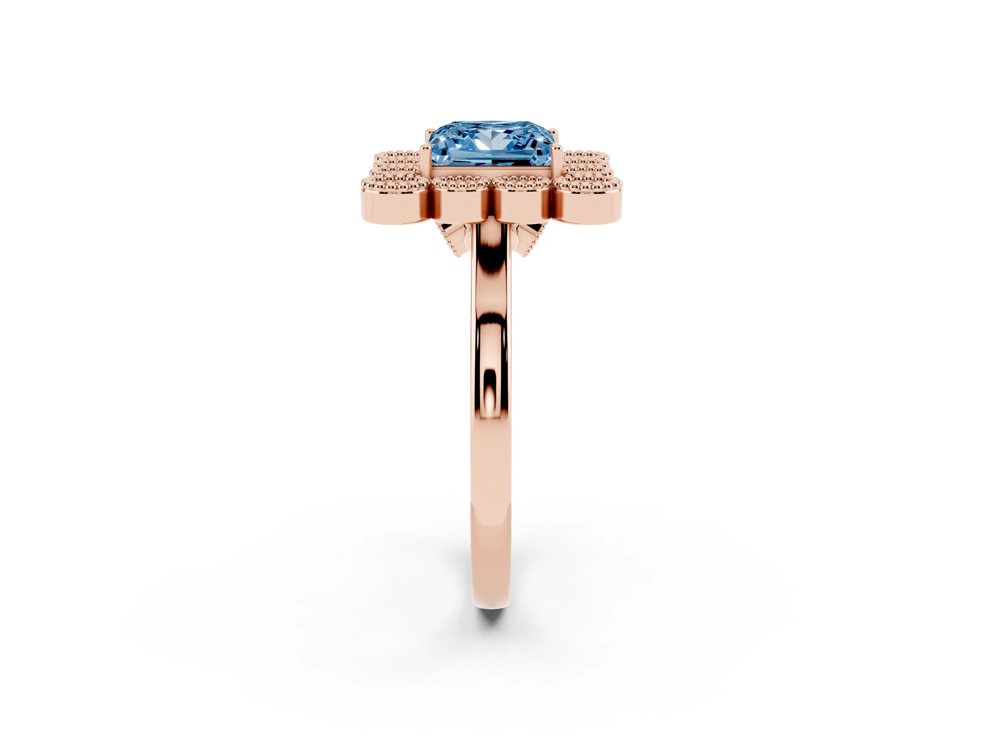 Fancy Blue Princess Cut Diamond Cluster Halo Ring Set in Rose gold with Milgrain Bezel Accents and Plain Band