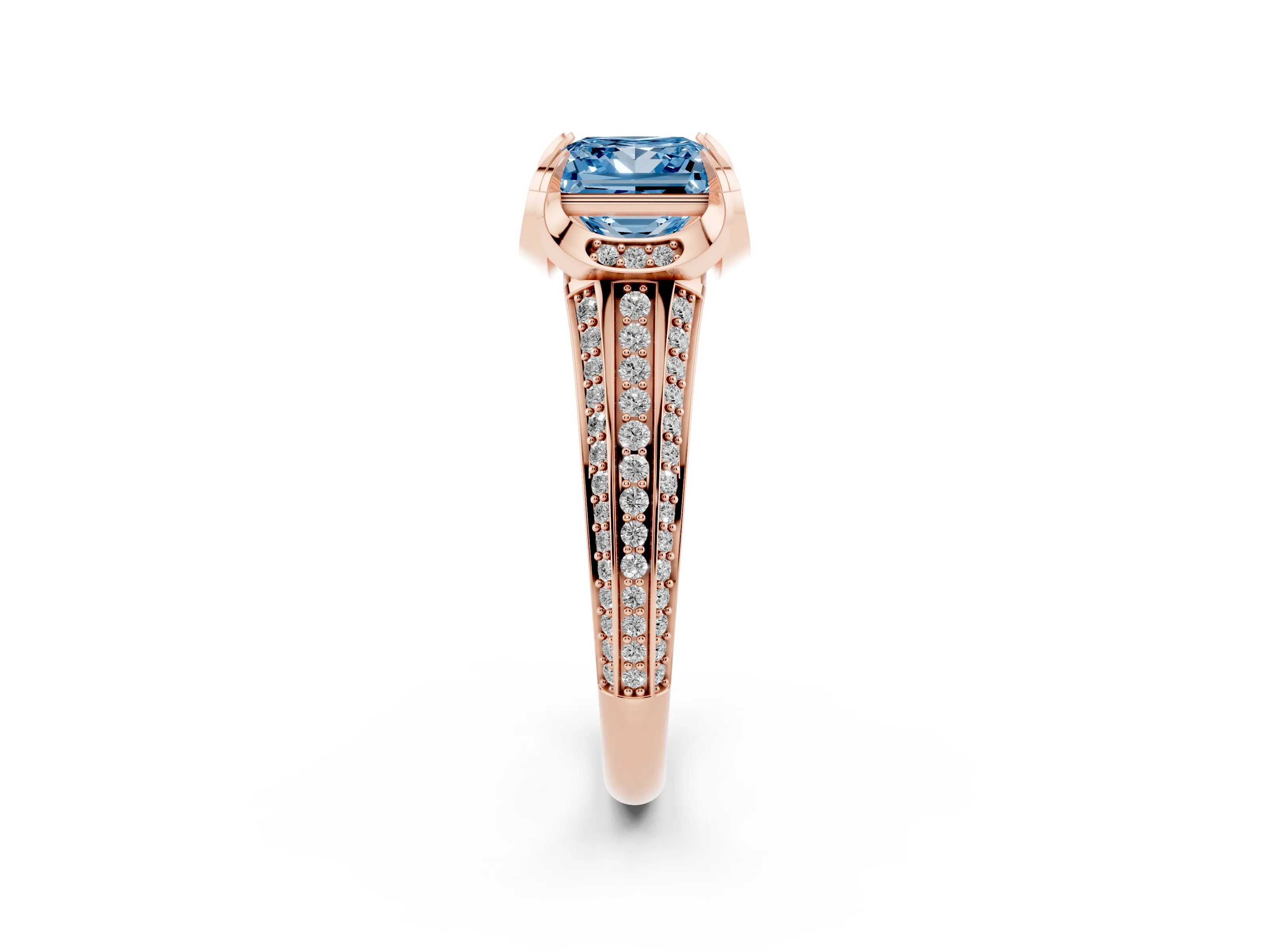 Fancy Blue Princess Cut Diamond Pavé Split Shank Solitaire Ring Set in Rose gold with Prong Setting