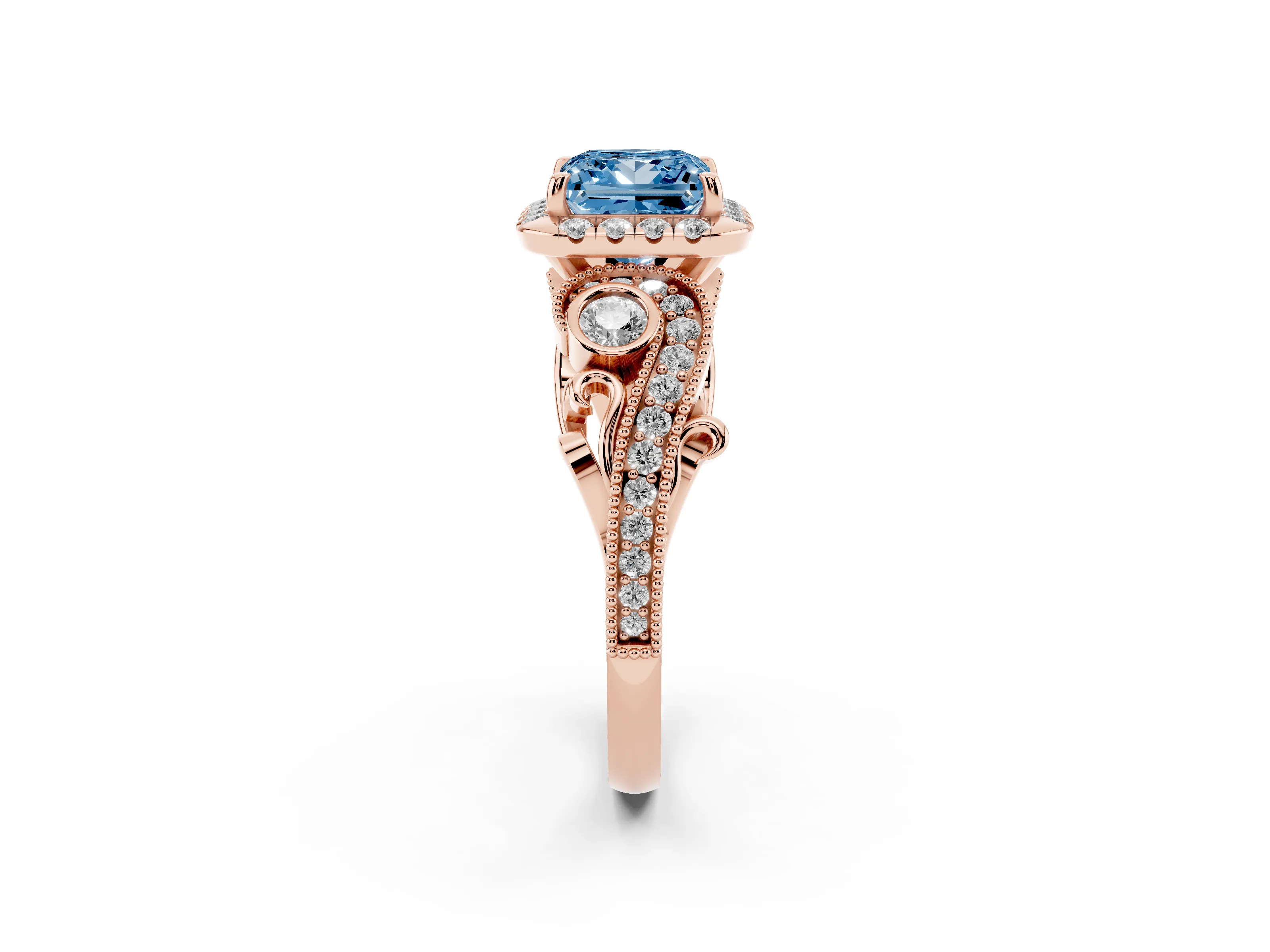 Fancy Blue Princess Cut Diamond Halo Ring Set in Rose gold with Milgrain Pavé Band and Prong Setting