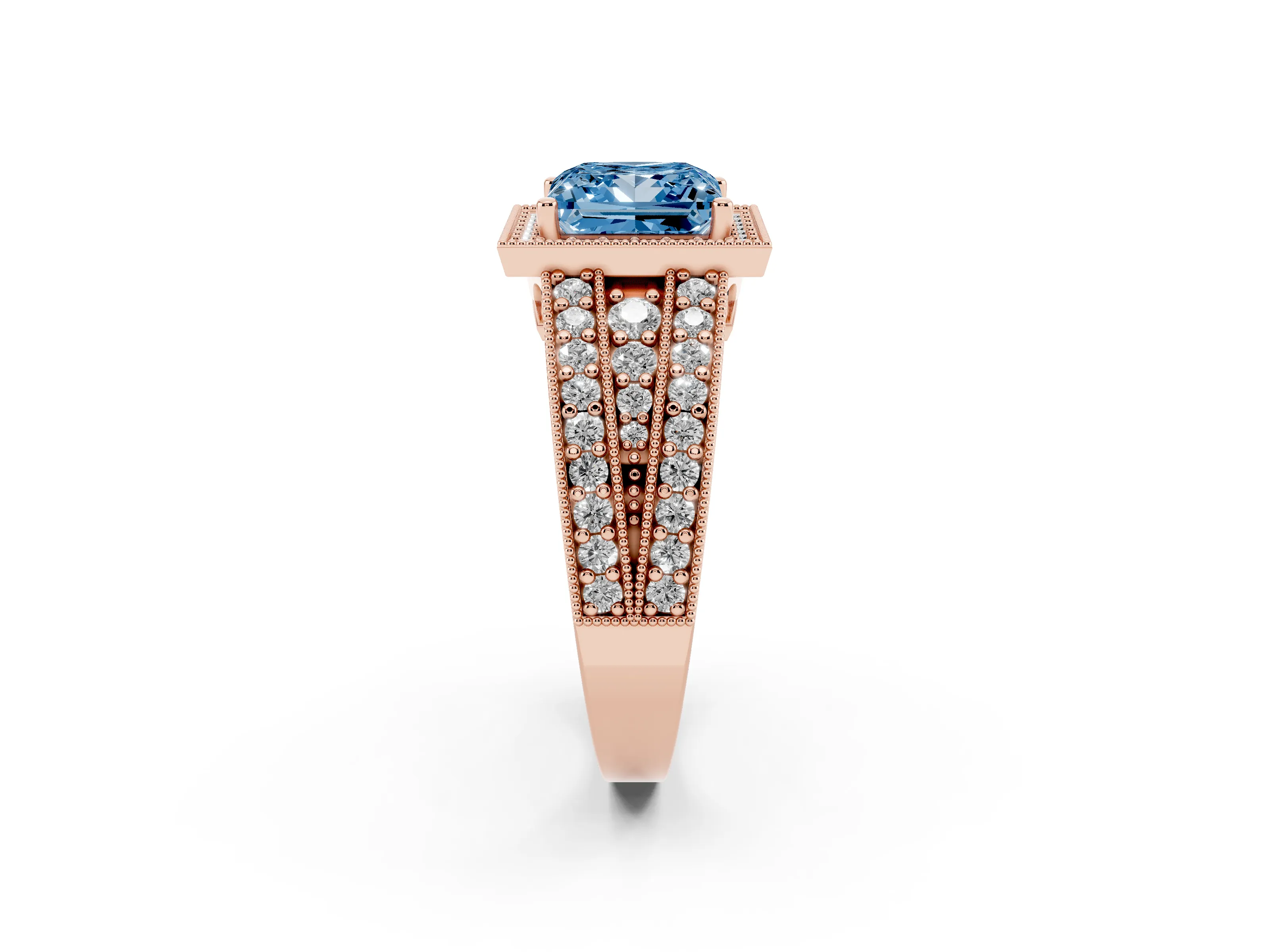 Fancy Blue Princess Cut Diamond Halo Ring Set in Rose gold with Accent Split Shank and Prong Setting