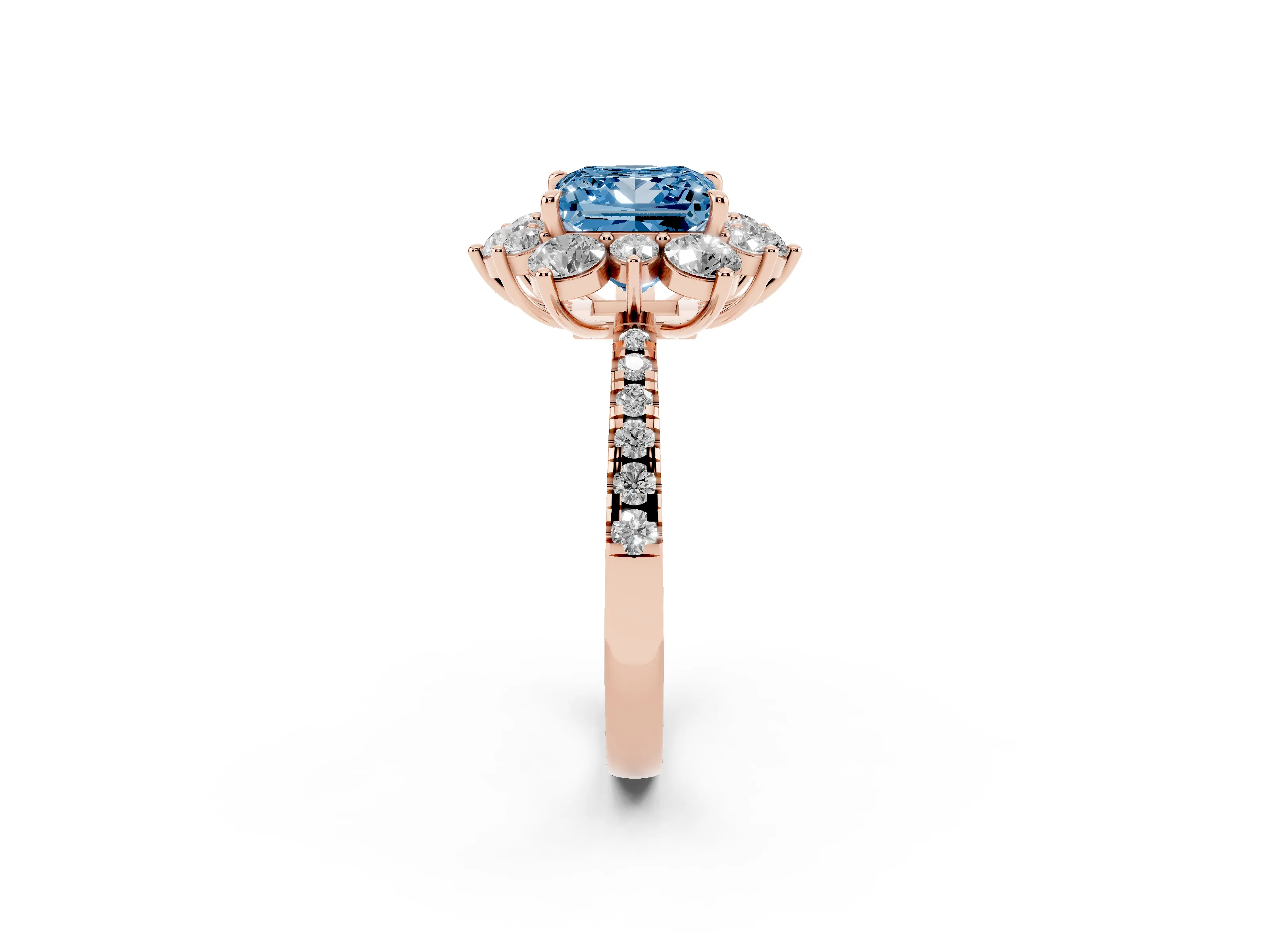 Fancy Blue Princess Cut Diamond Floral Halo Ring Set in Rose gold with Round Pavé Band and Prong Setting