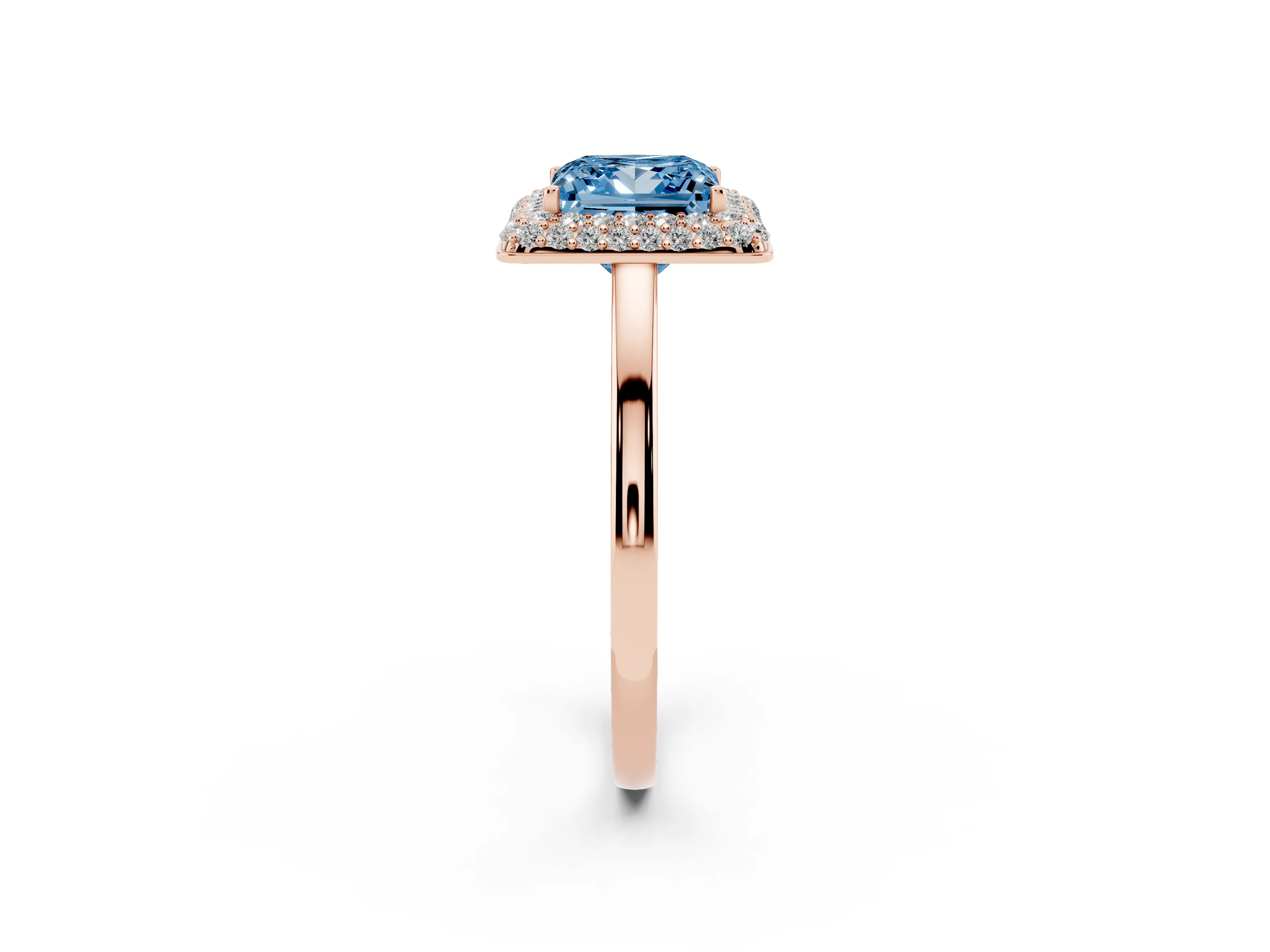 Fancy Blue Princess Cut Diamond Halo Engagement Ring Set in Rose gold with Solitaire Band and Prong Setting