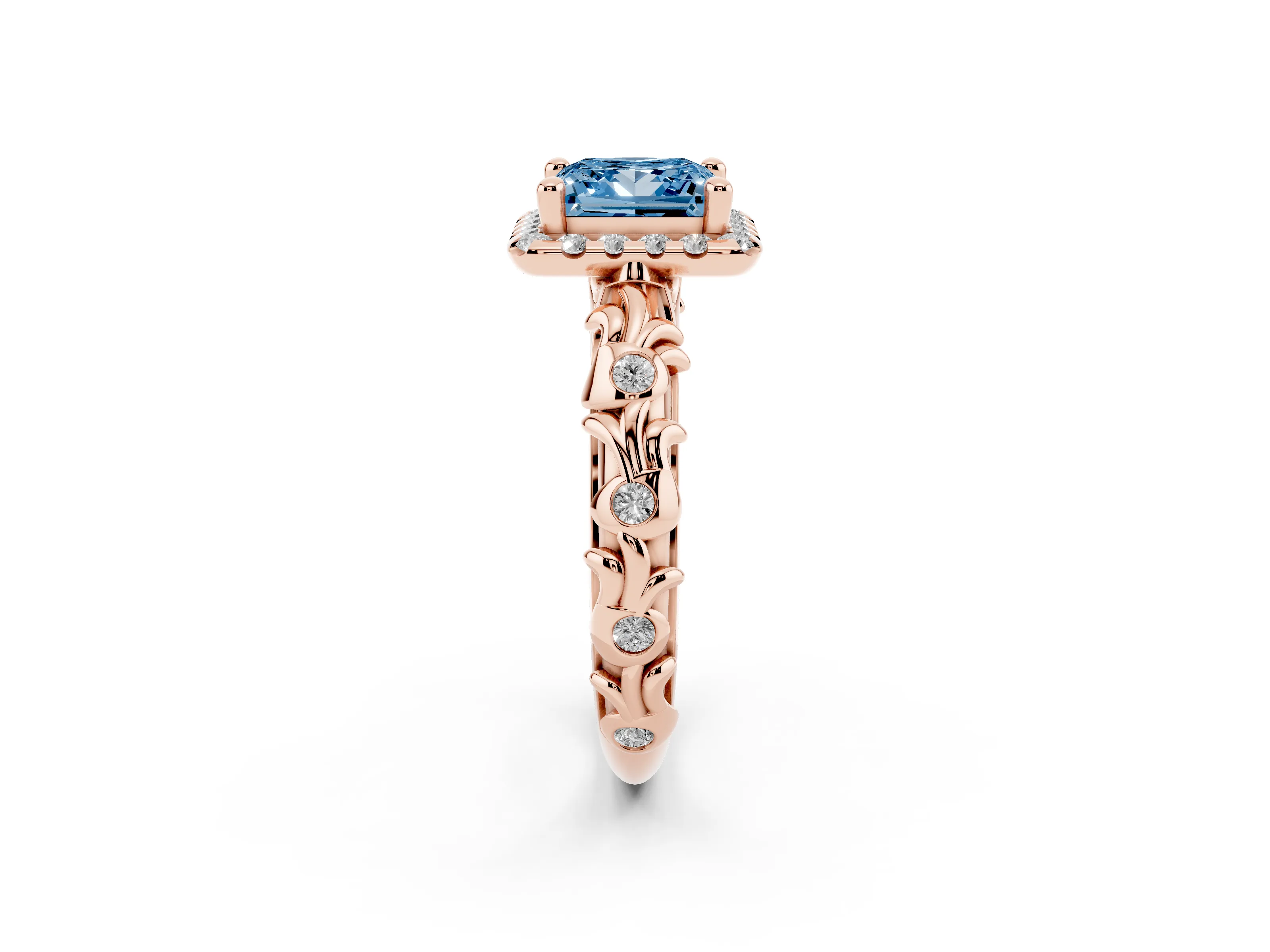 Fancy Blue Princess Cut Diamond Halo Ring Set in Rose gold with Filigree Leaf Band and Prong Setting