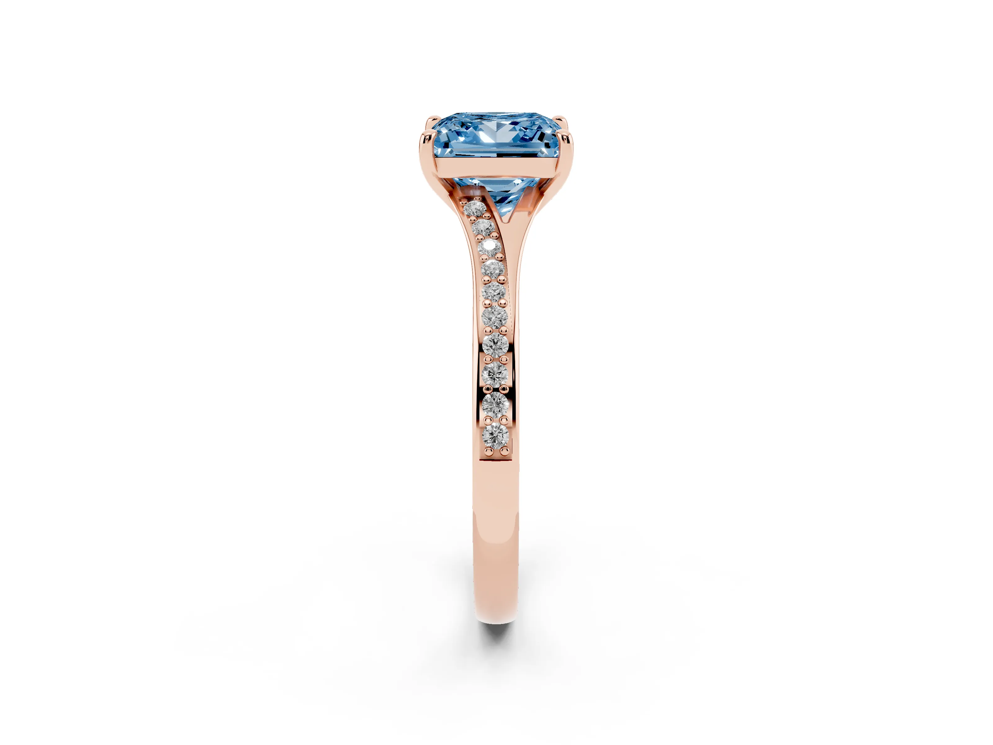 Fancy Blue Princess Cut Diamond Solitaire Ring Set in Rose gold with Pavé Accent Band and Classic Prong Setting