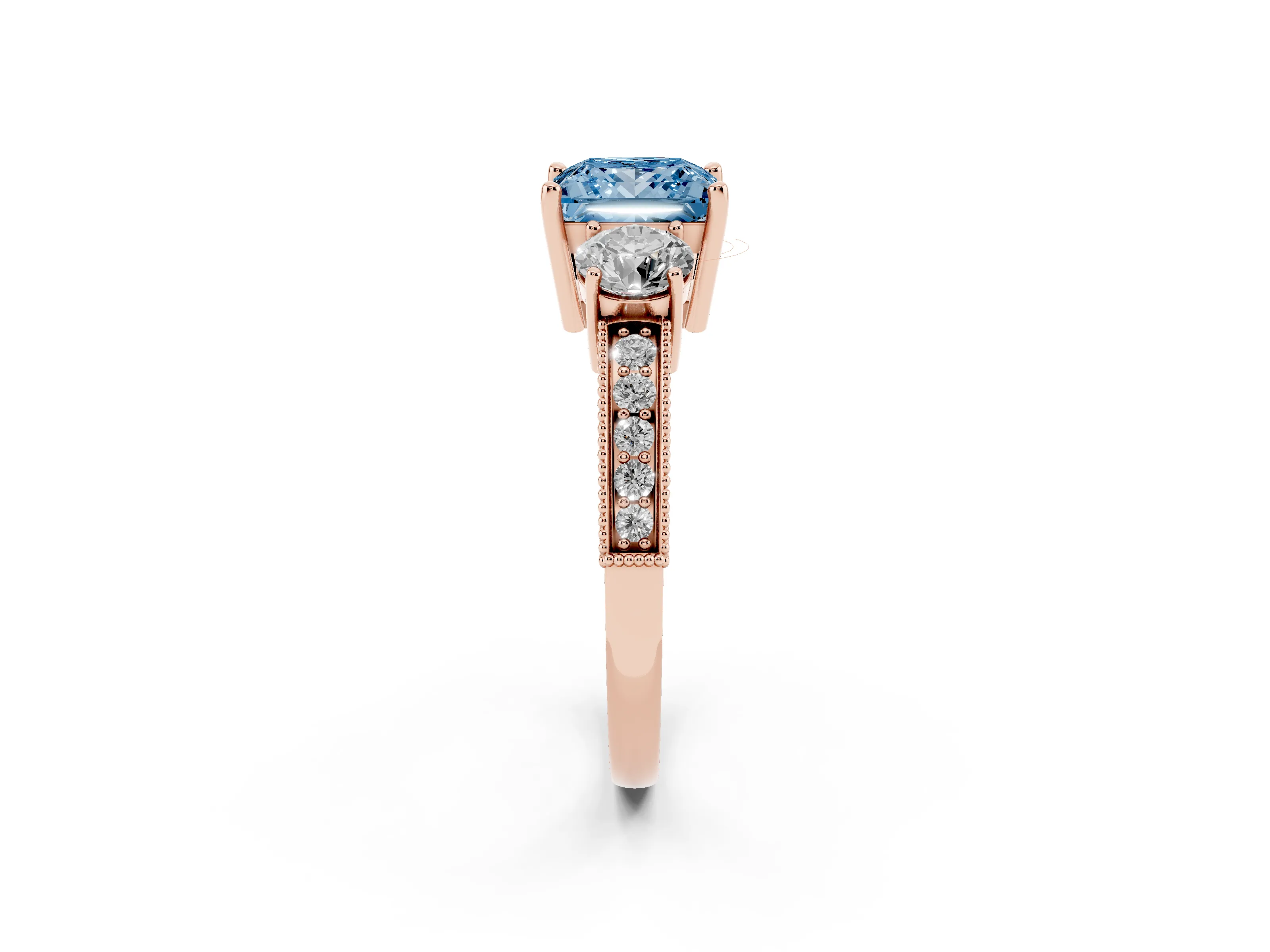 Fancy Blue Princess Cut Diamond Three-Stone Ring Set in Rose gold with Round Side Stones and Pavé Band