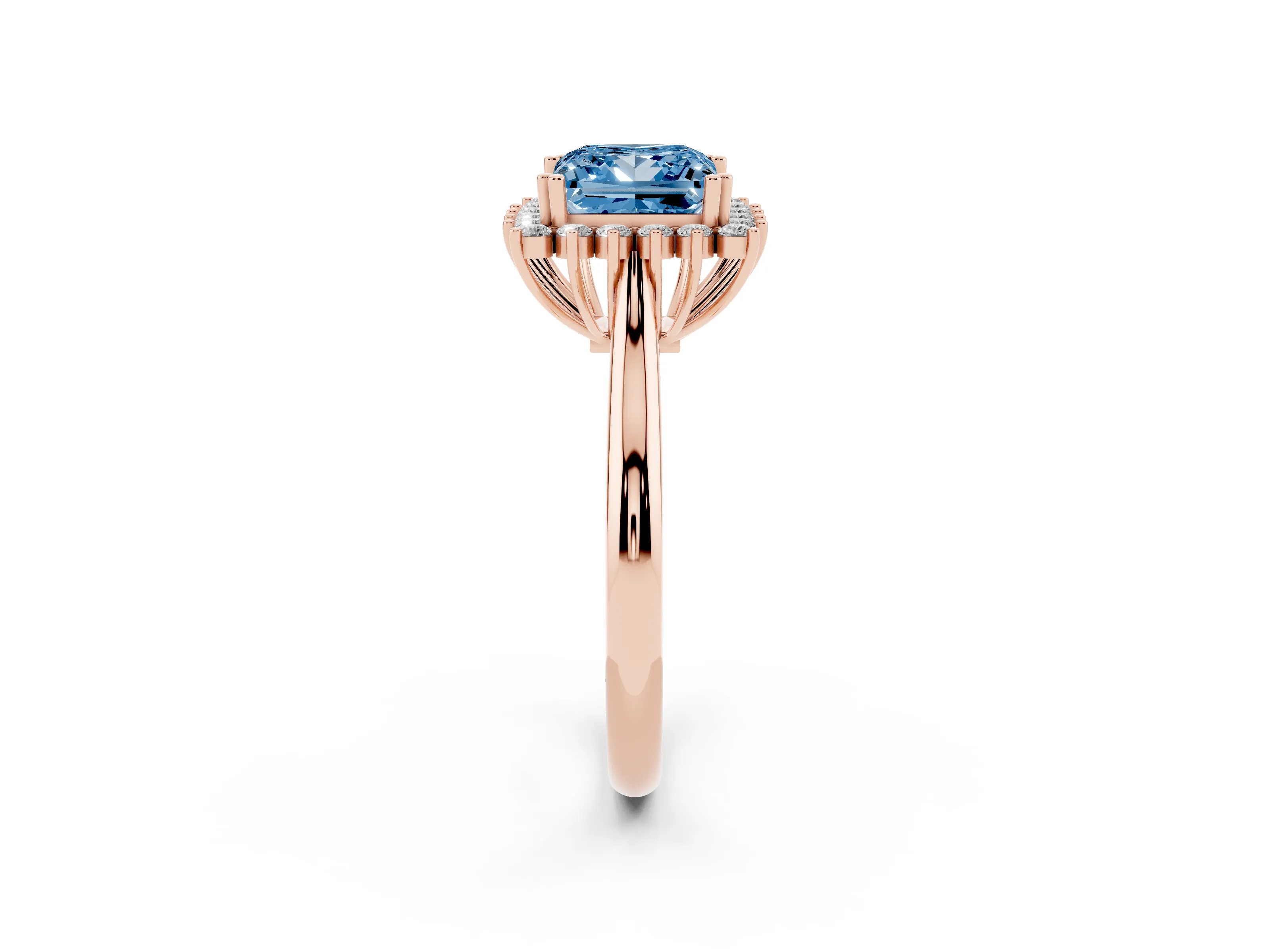 Fancy Blue Princess Cut Diamond Halo Ring Set in Rose gold with Plain Solitaire Band and Prong Setting