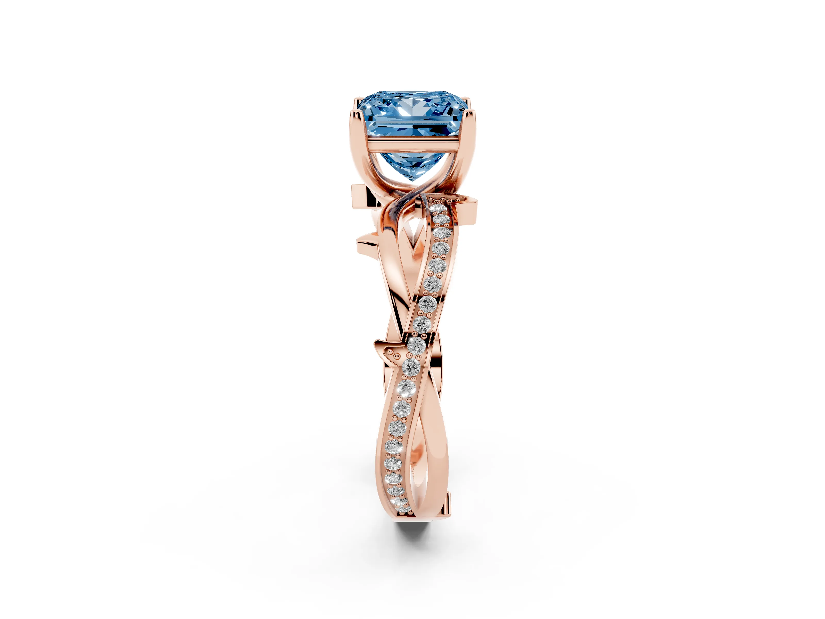 Fancy Blue Princess Cut Diamond Pavé Twist Band Solitaire Ring Set in Rose gold with Prong Setting