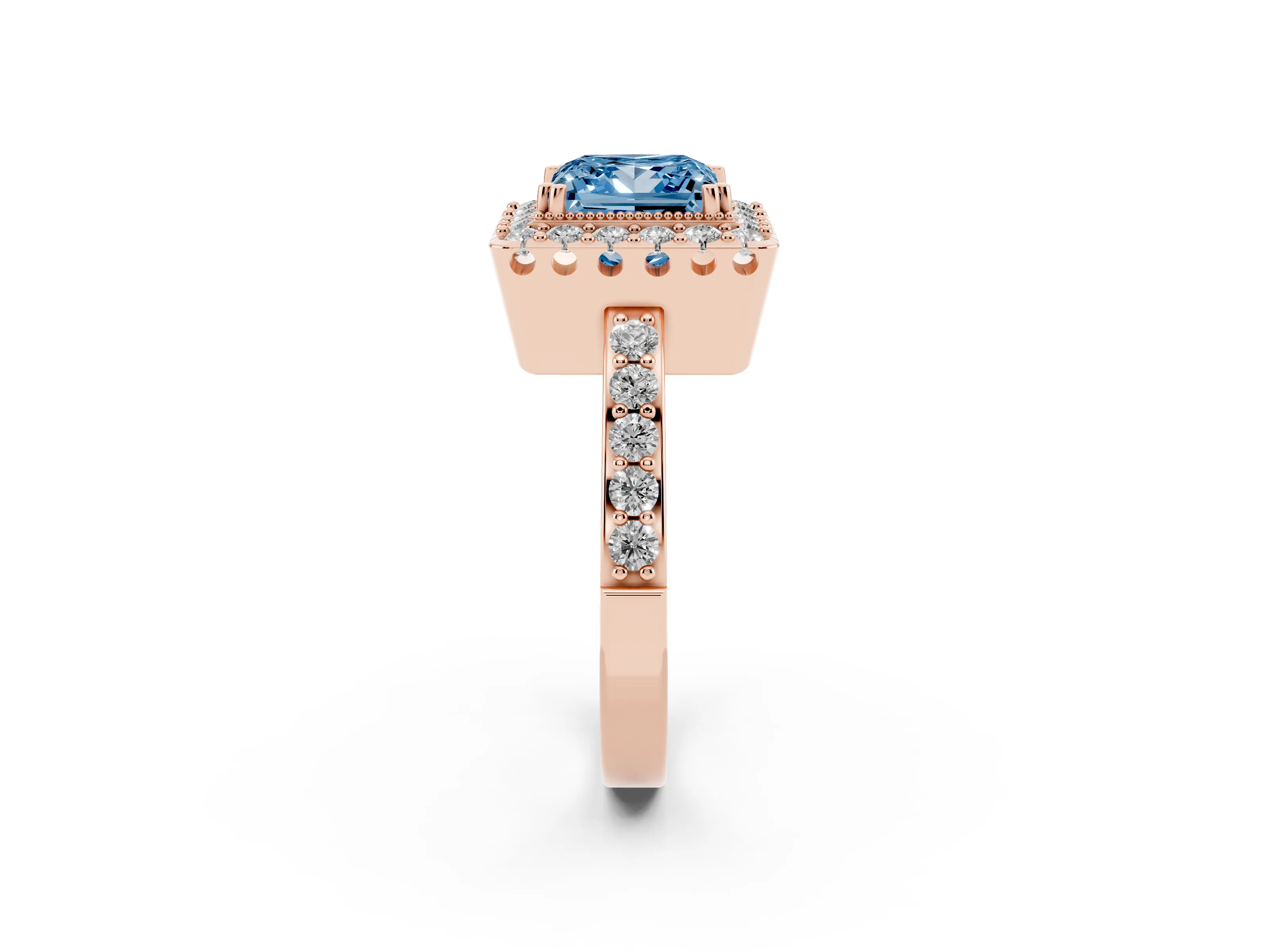 Fancy Blue Princess Cut Diamond Halo Ring Set in Rose gold with Pavé Shank and Prong Setting