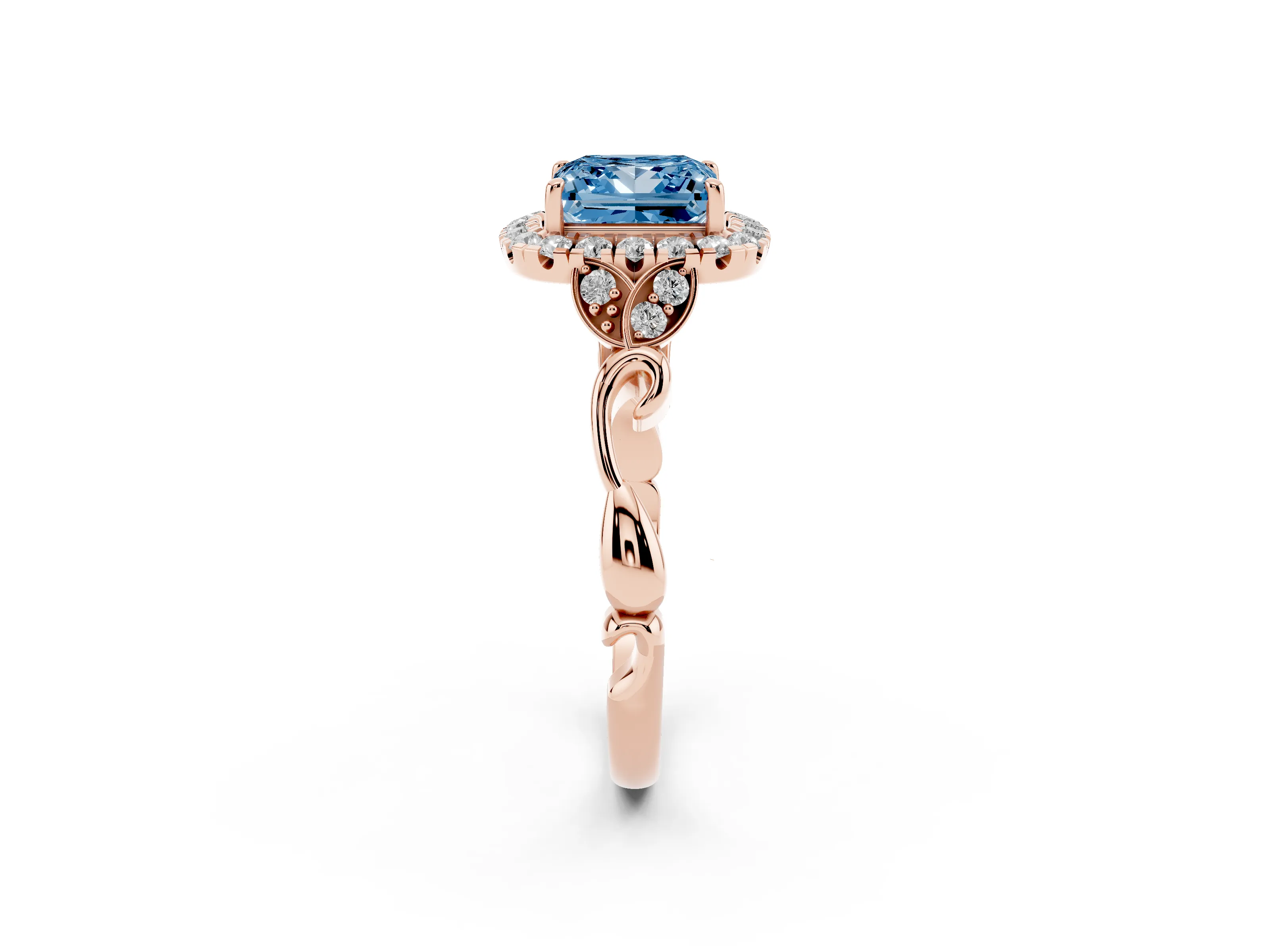 Fancy Blue Princess Cut Diamond Halo Engagement Ring Set in Rose gold with Vintage-Inspired Band and Prong Setting