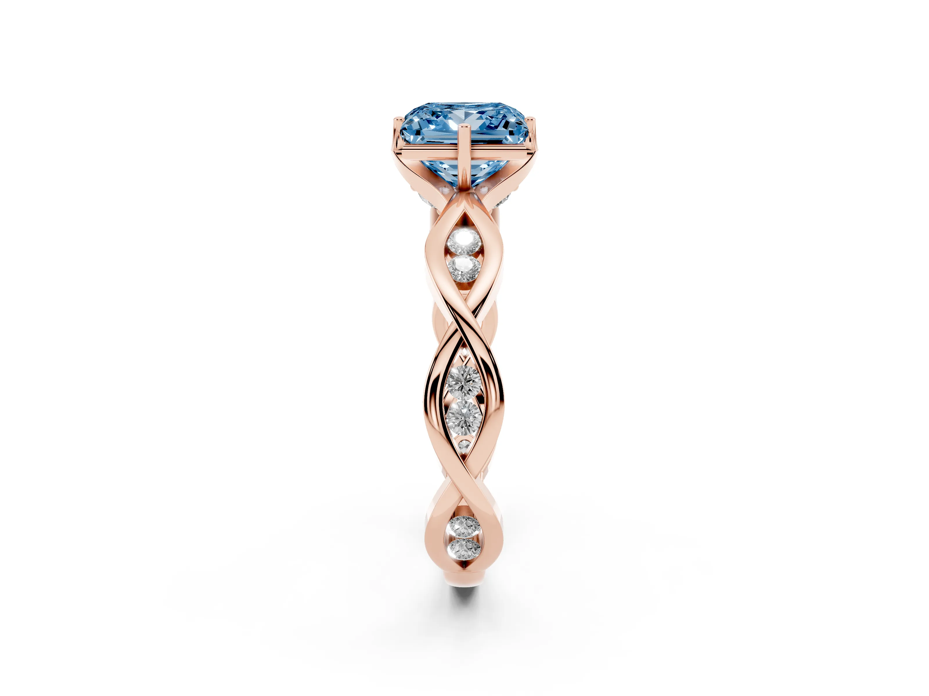 Fancy Blue Princess Cut Diamond Twist Band Solitaire Ring Set in Rose gold with Leaf Prong Setting and Accent Stones