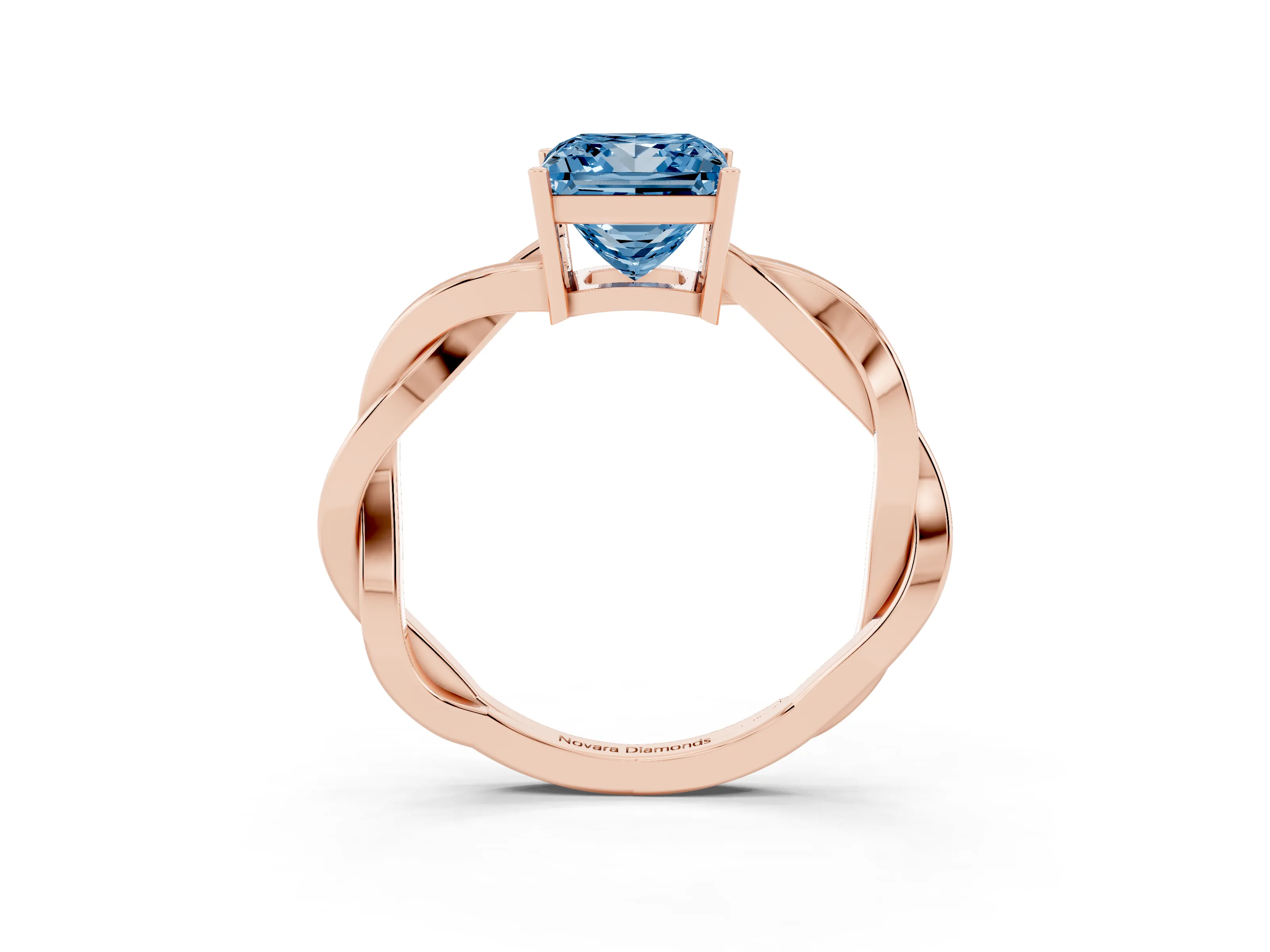 Fancy Blue Princess Cut Diamond Solitaire Twisted Pavé Ring Set in Rose gold with Prong Setting