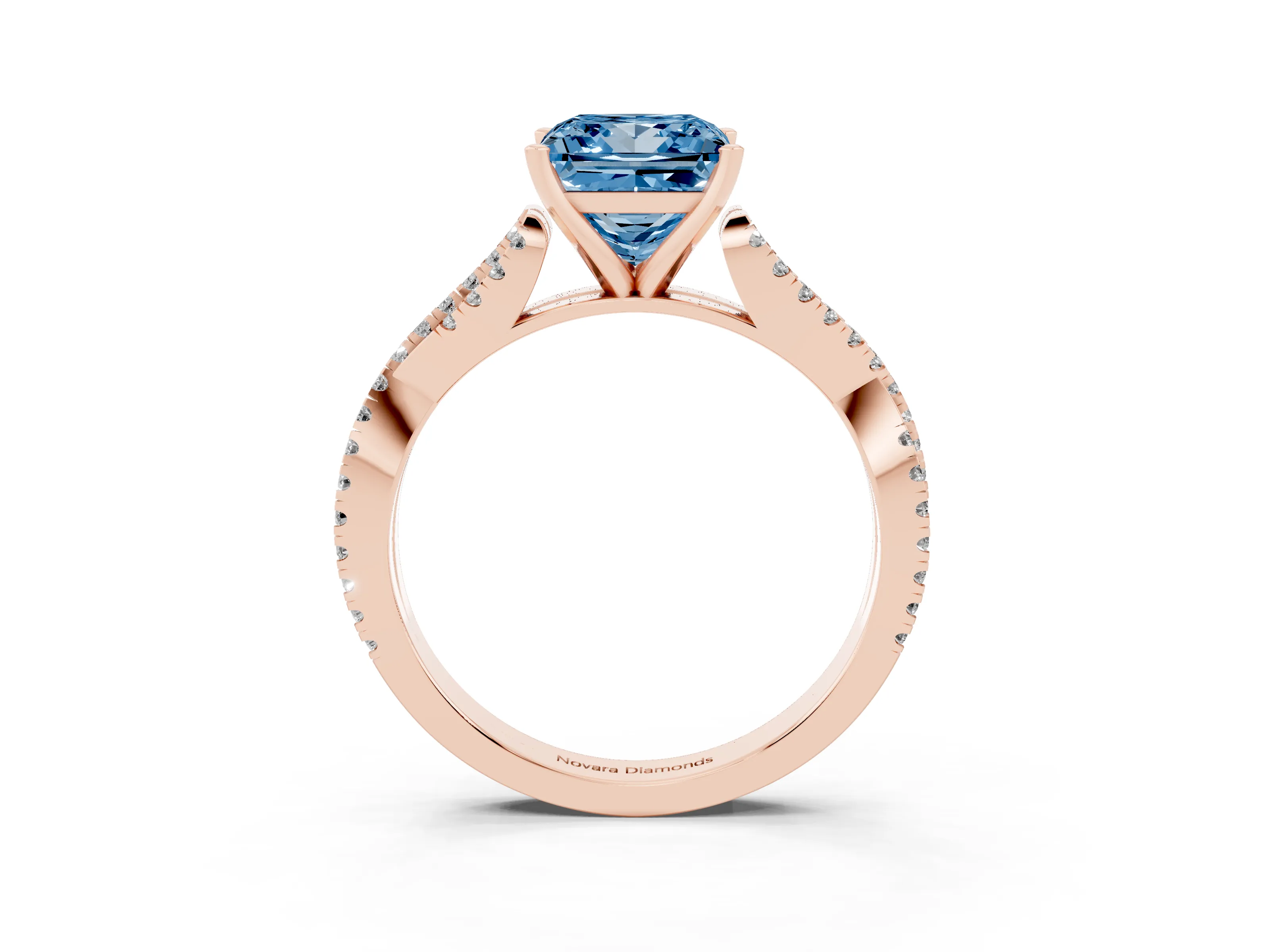 Fancy Blue Princess Cut Diamond Solitaire Engagement Ring Set in Rose gold with Twisted Pavé Band and Prong Setting