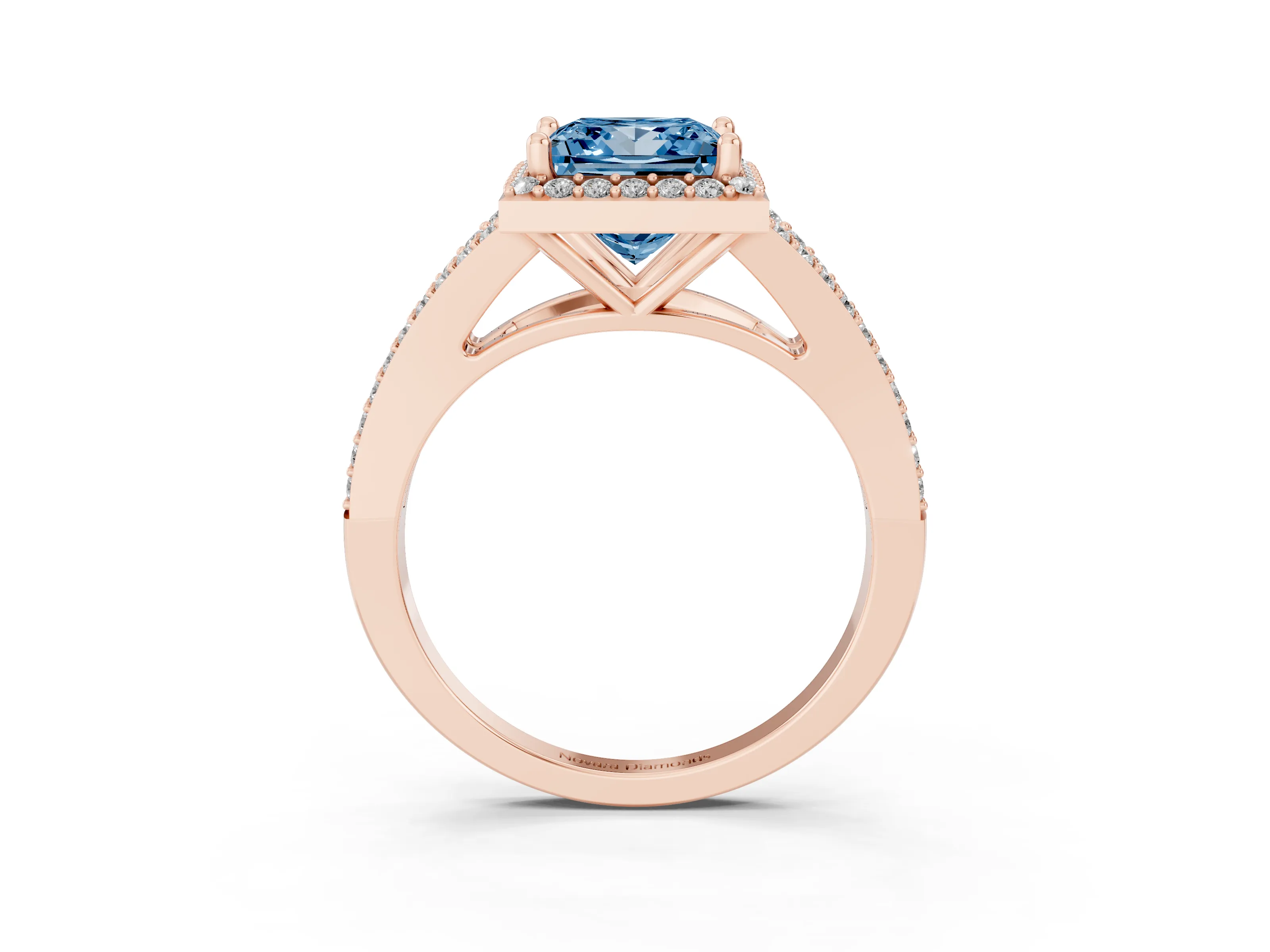 Fancy Blue Princess Cut Diamond Halo Split Shank Pavé Ring Set in Rose gold with Prong Setting