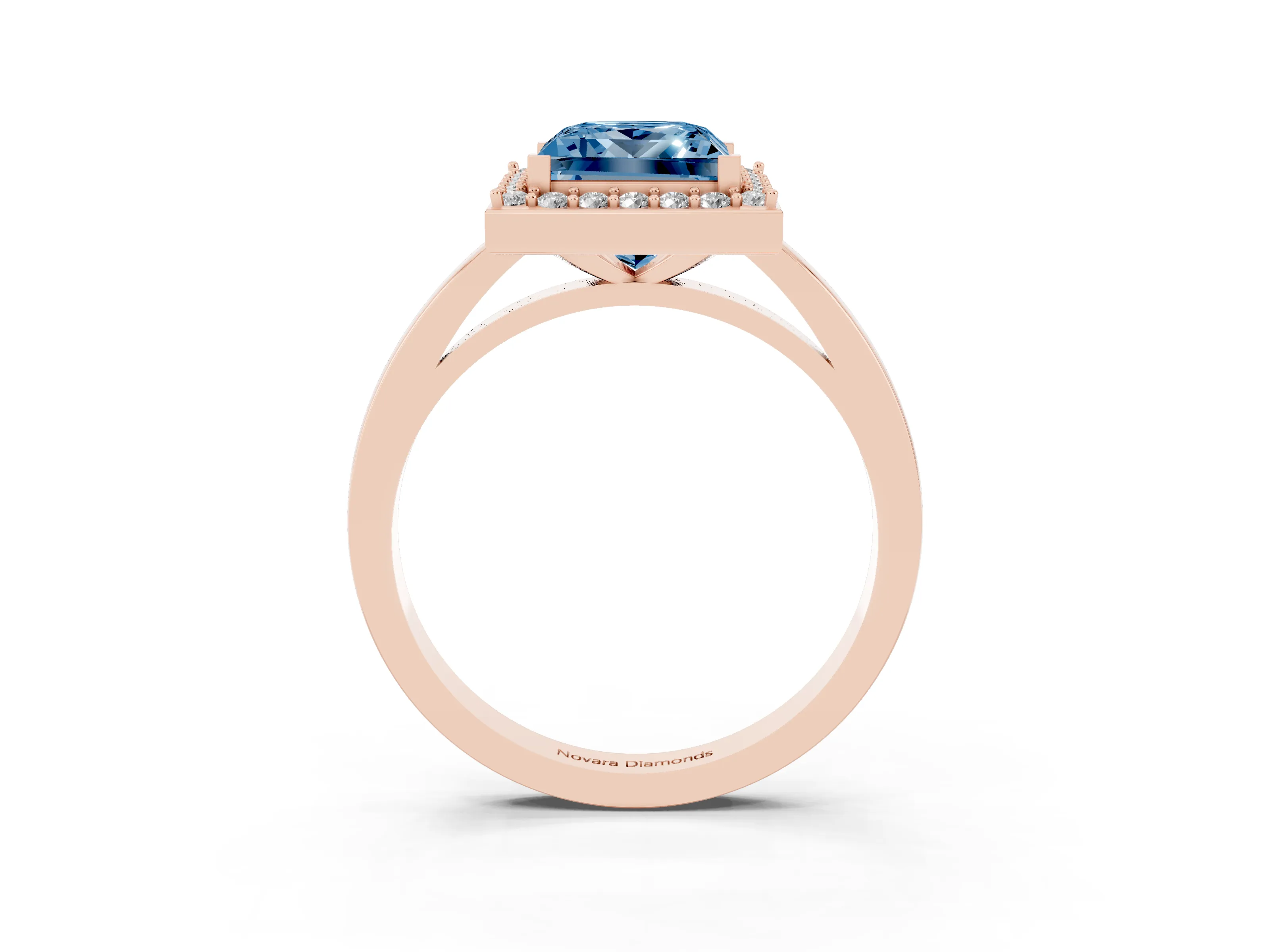 Fancy Blue Princess Cut Diamond Halo Ring Set in Rose gold with Solitaire Band and Prong Setting