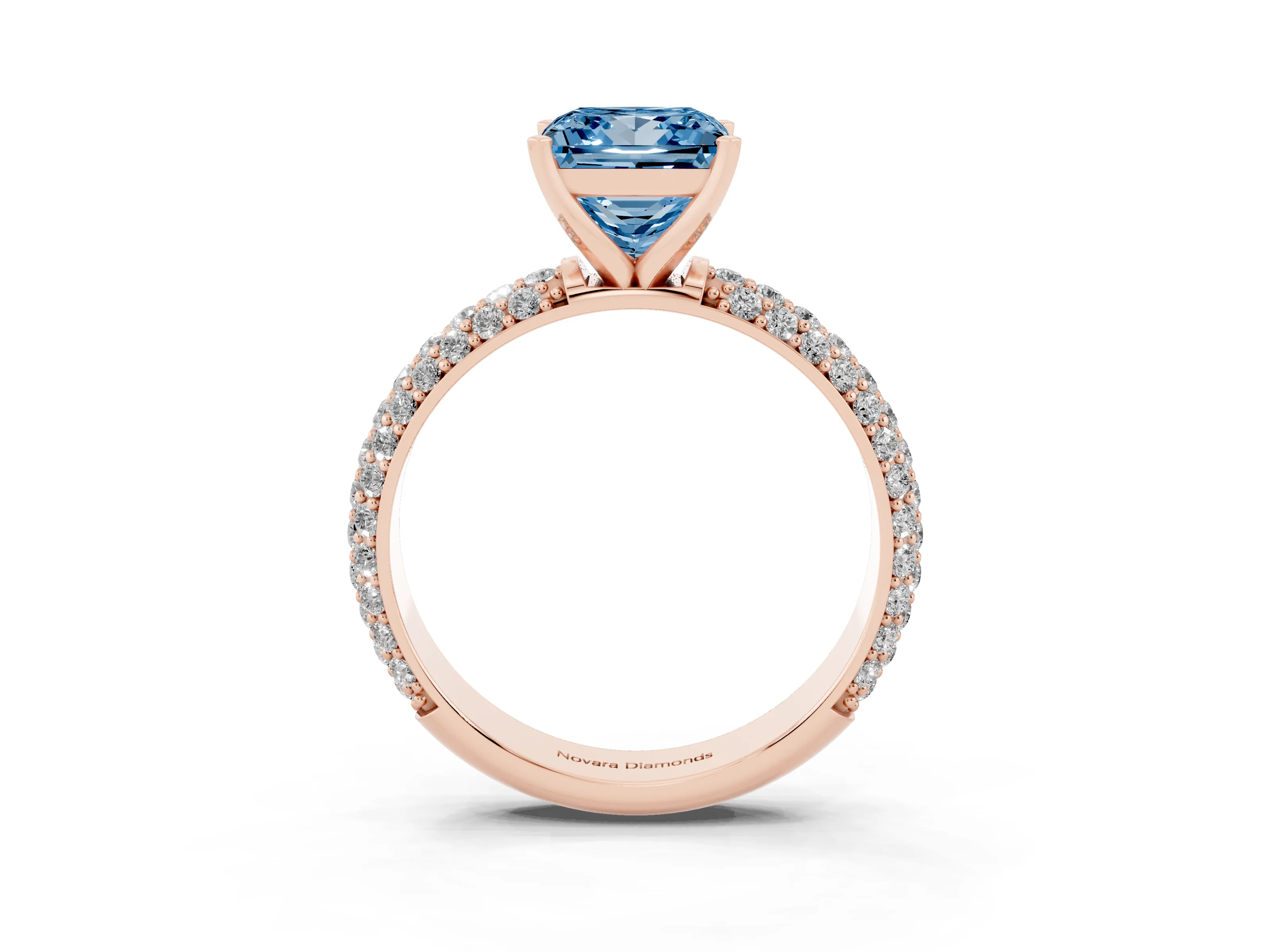 Fancy Blue Princess Cut Diamond Solitaire Ring Set in Rose gold with Prong Setting and Pavé-Set Band
