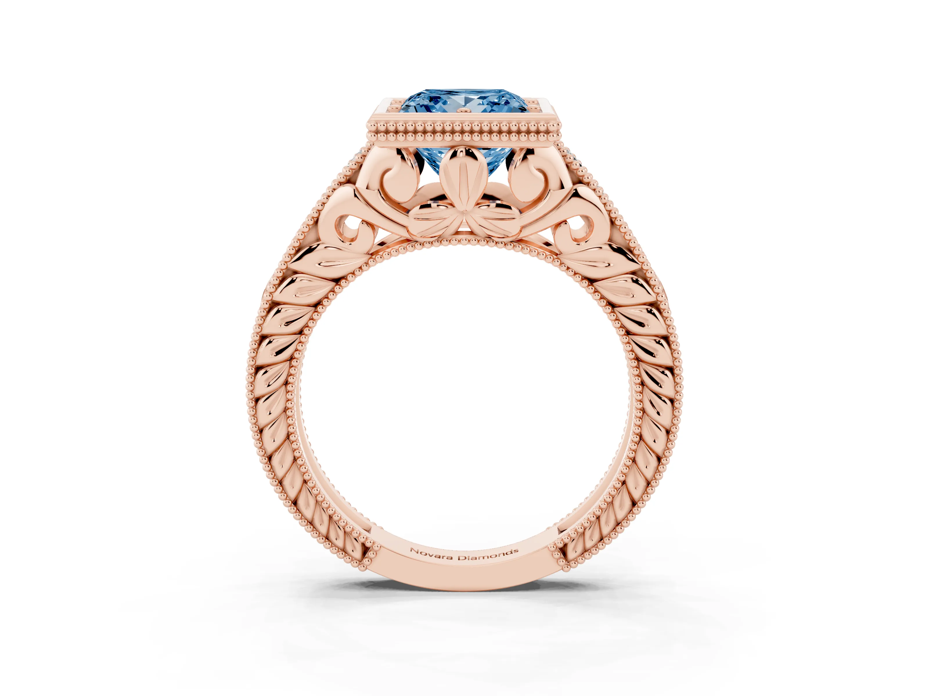 Fancy Blue Bezel Set Princess Cut Diamond Milgrain Pavé Engagement Ring Set in Rose gold