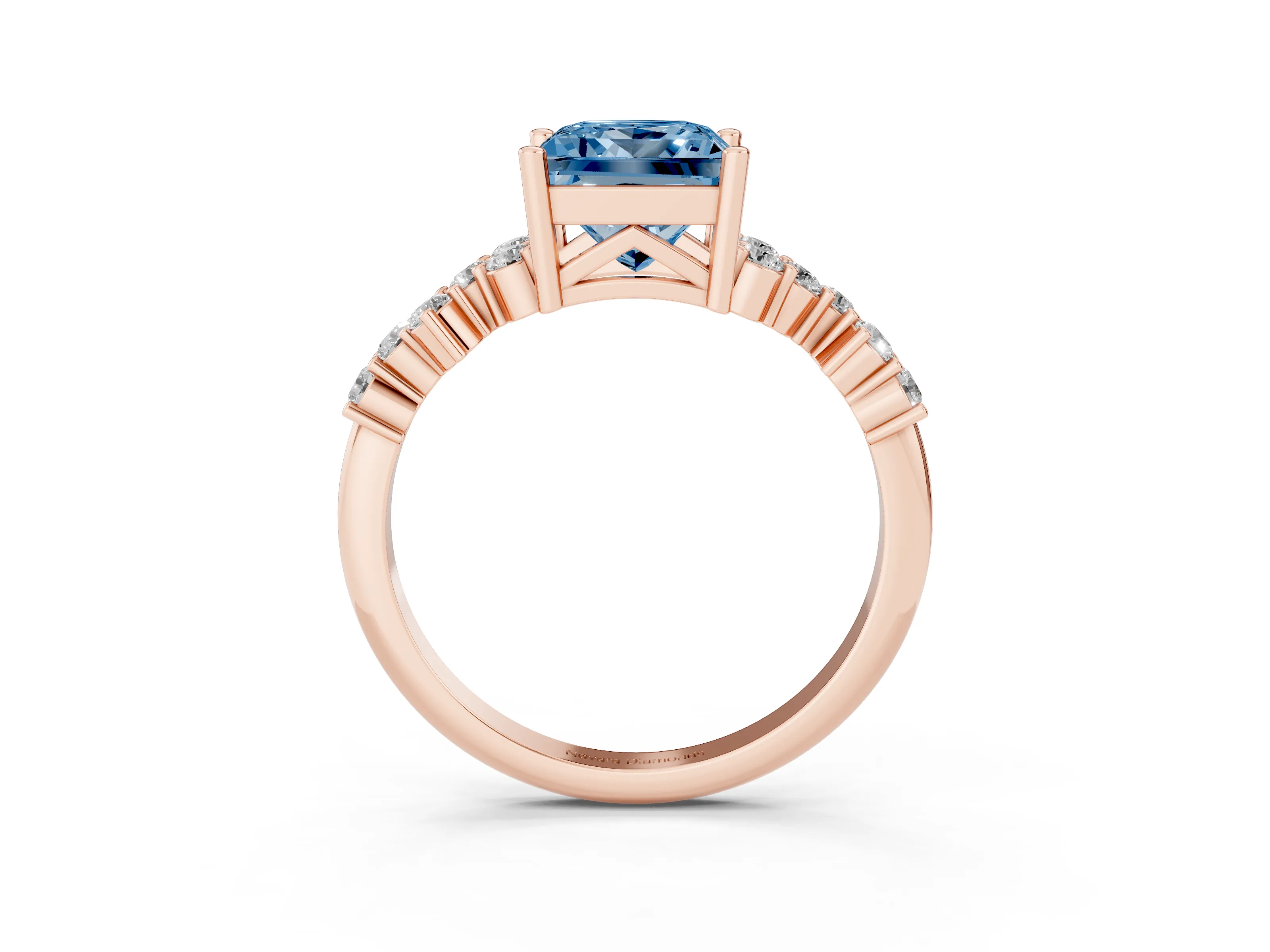 Fancy Blue Princess Cut Diamond Ring Set in Rose gold with Scattered Round Accents