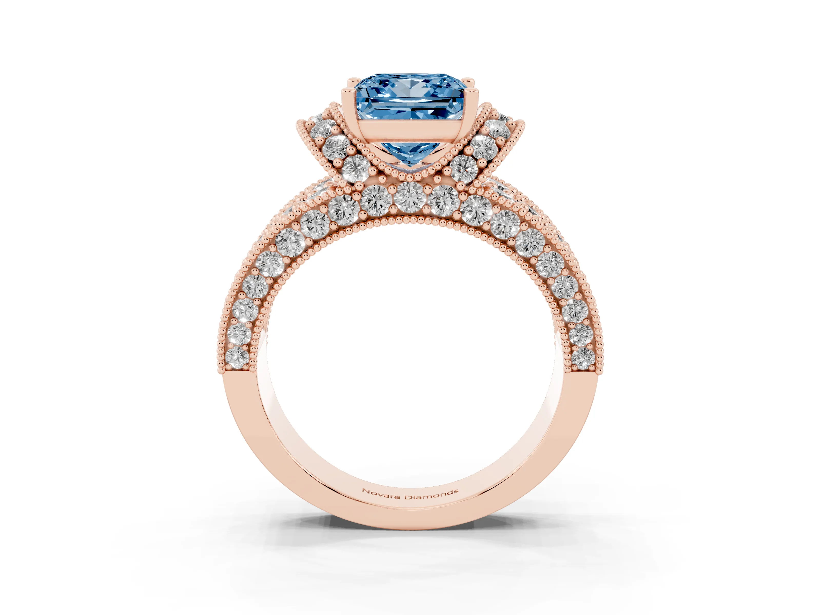 Fancy Blue Princess Cut Diamond Milgrain Halo Pavé Engagement Ring Set in Rose gold with Prong Setting
