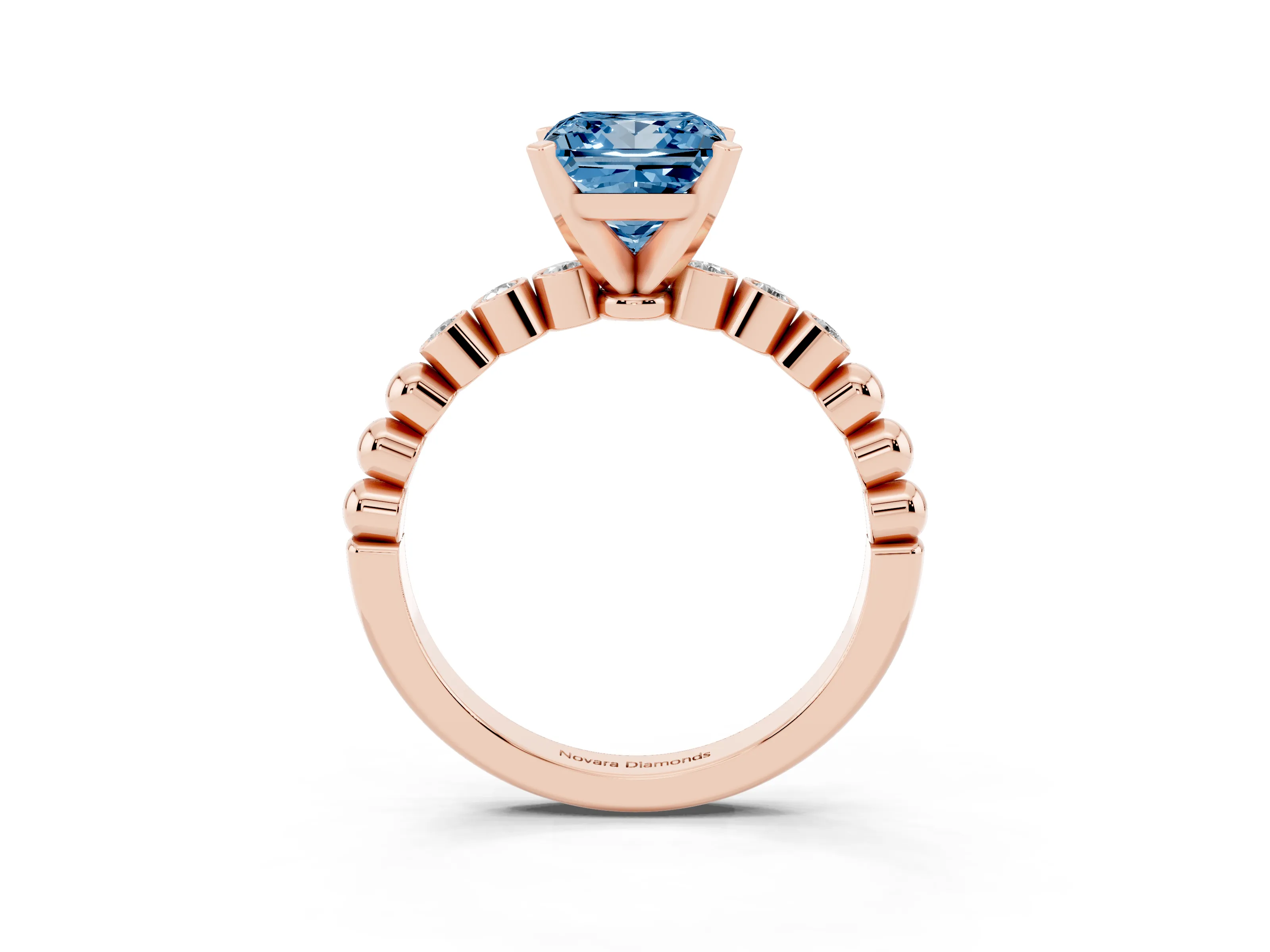 Fancy Blue Princess Cut Diamond Solitaire Engagement Ring Set in Rose gold with Bezel Accents on Beaded Band