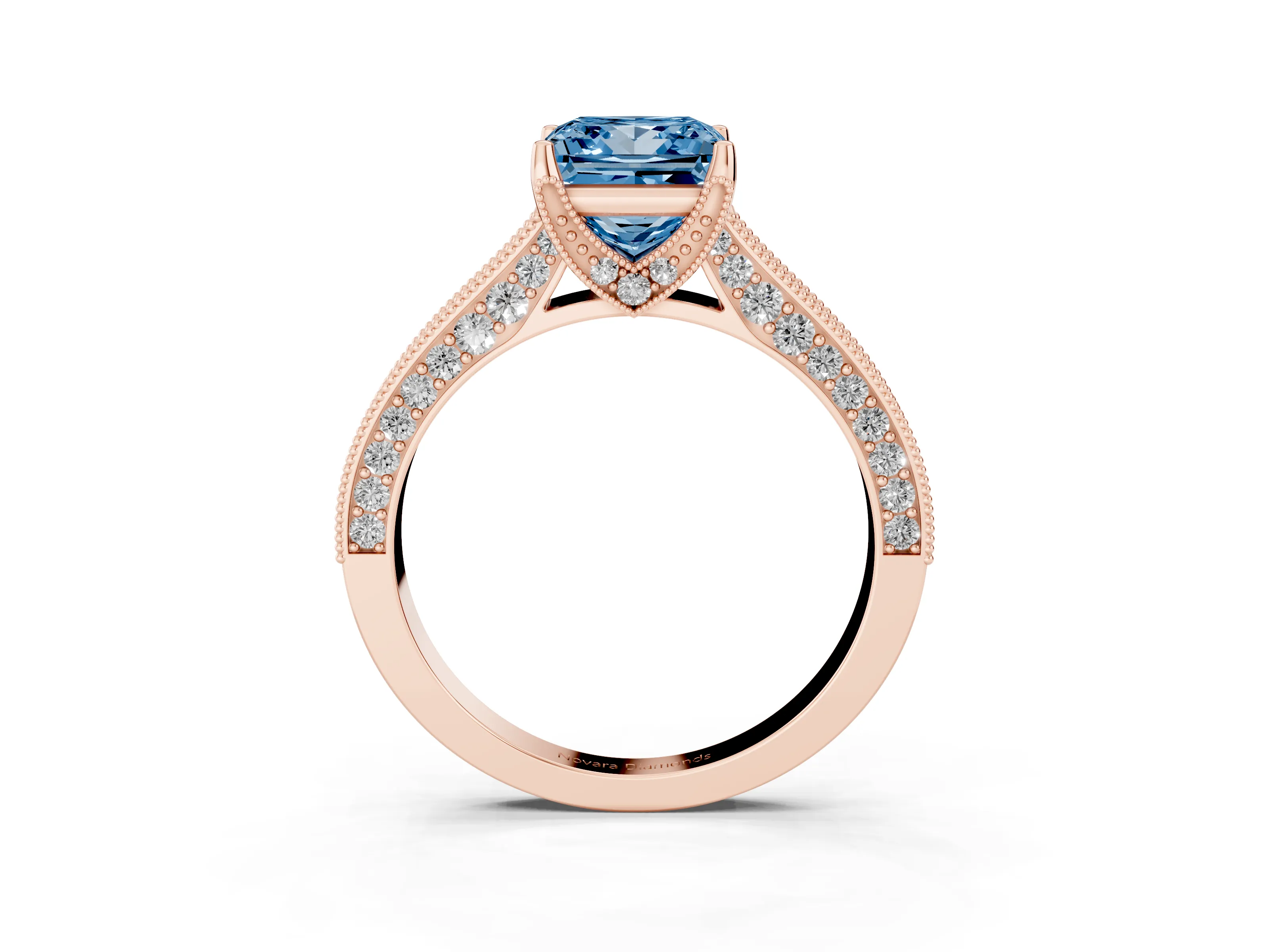 Fancy Blue Princess Cut Diamond Solitaire Ring Set in Rose gold with Milgrain-Edged Pavé Band and Prong Setting