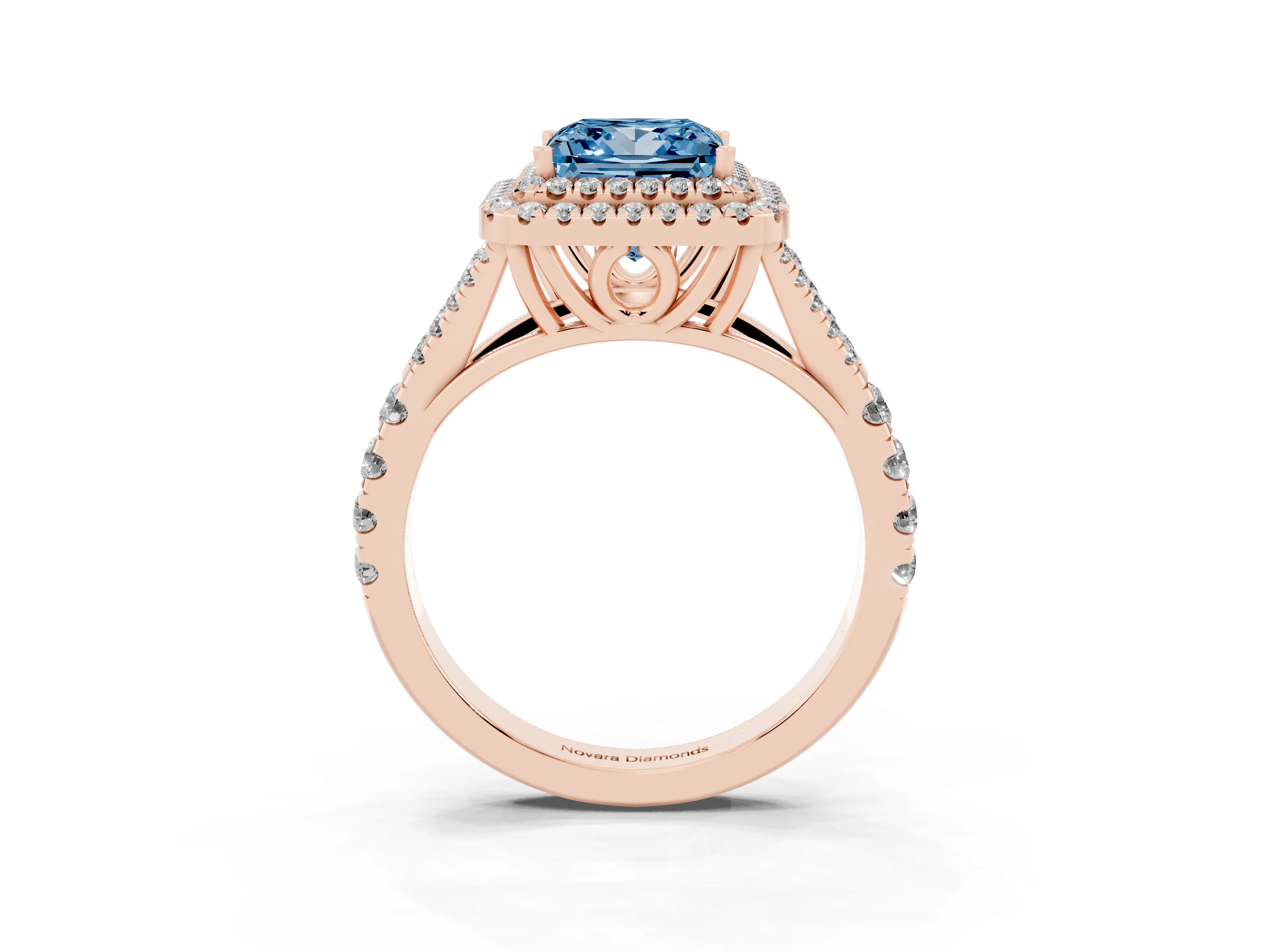 Fancy Blue Princess Cut Diamond Pavé Split Shank Double Halo Engagement Ring Set in Rose gold