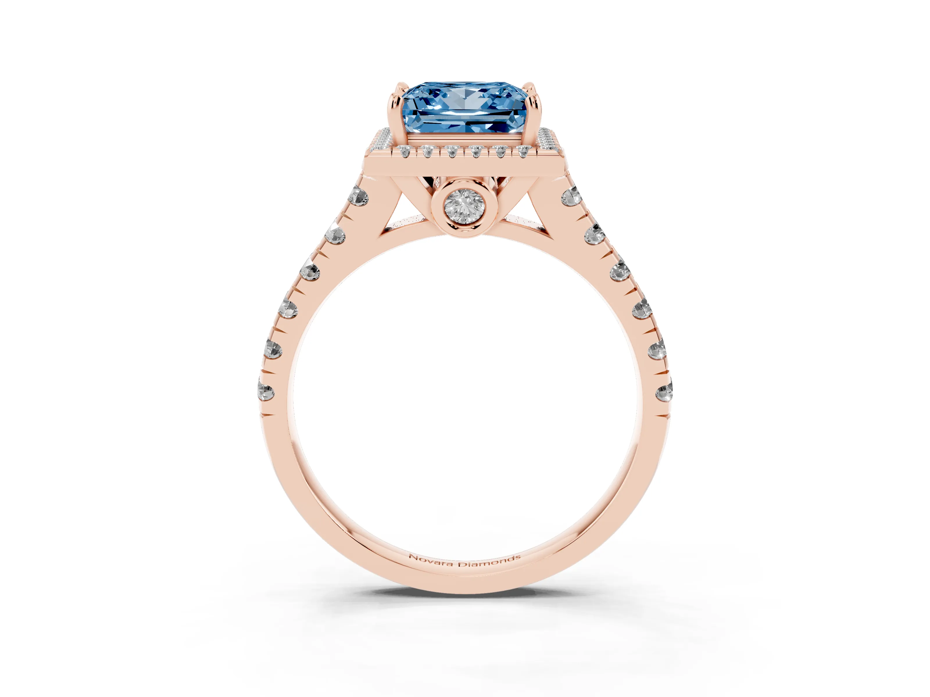 Fancy Blue Princess Cut Diamond Halo Engagement Ring Set in Rose gold with Pavé Band and Prong-Set Center