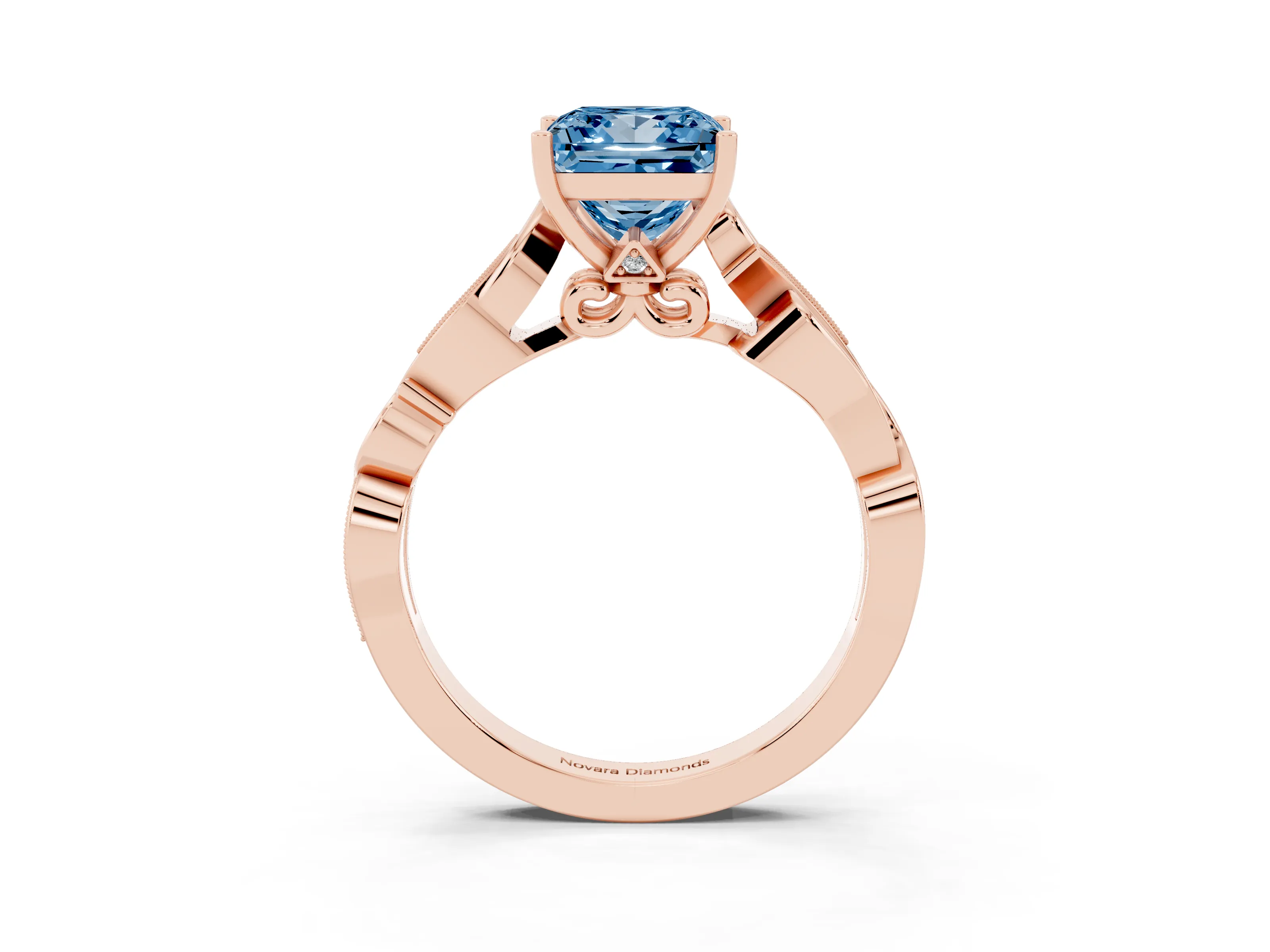 Fancy Blue Princess Cut Diamond Vine Band Solitaire Ring Set in Rose gold with Milgrain Prong Setting