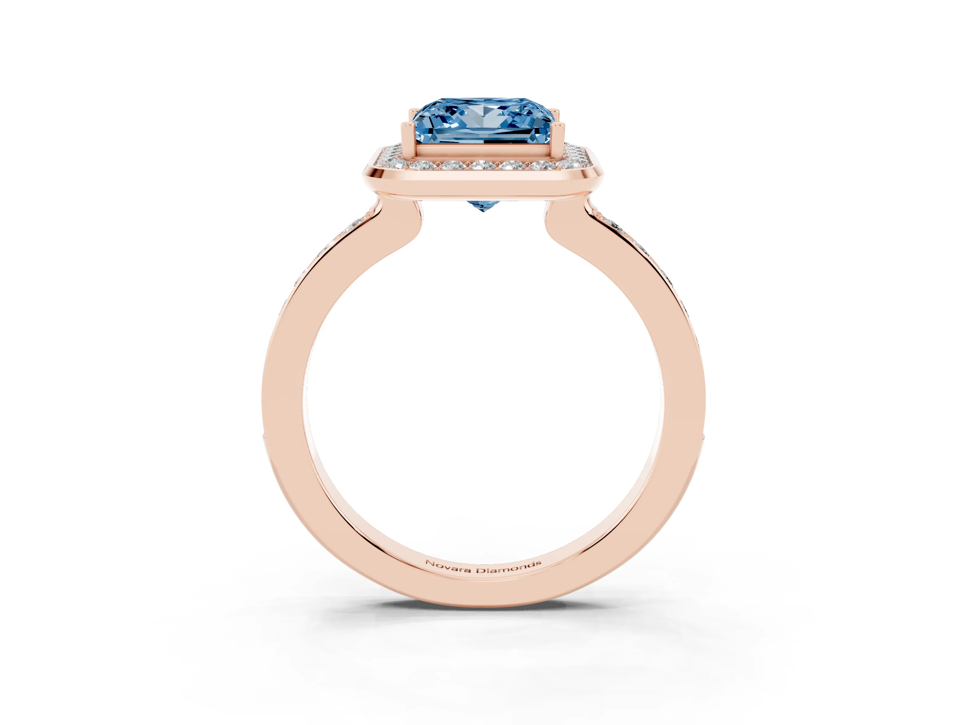 Fancy Blue Princess Cut Diamond Halo Ring Set in Rose gold with Bezel Frame and Pavé Band