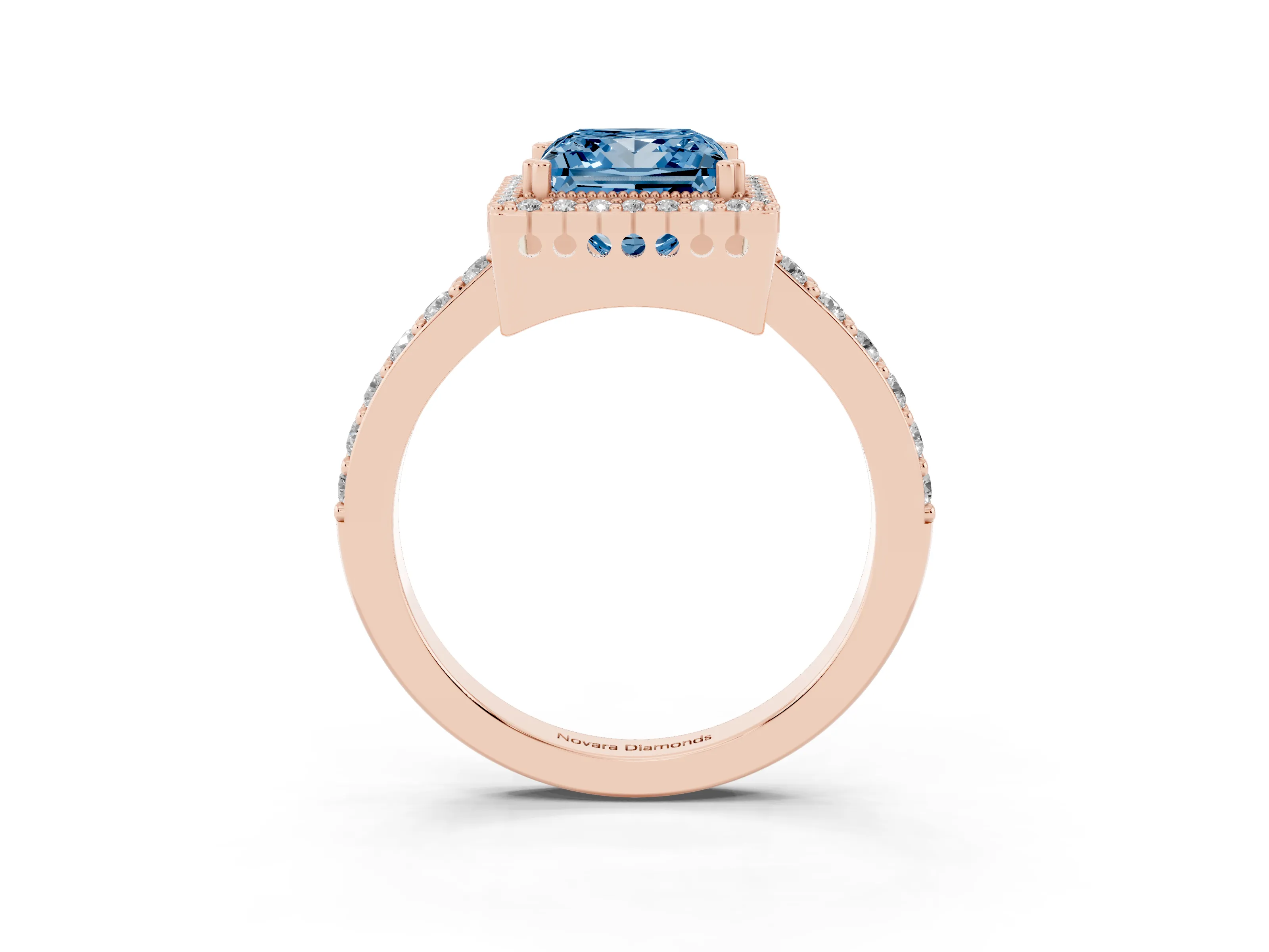Fancy Blue Princess Cut Diamond Halo Engagement Ring Set in Rose gold with Milgrain Detail and Pavé Band