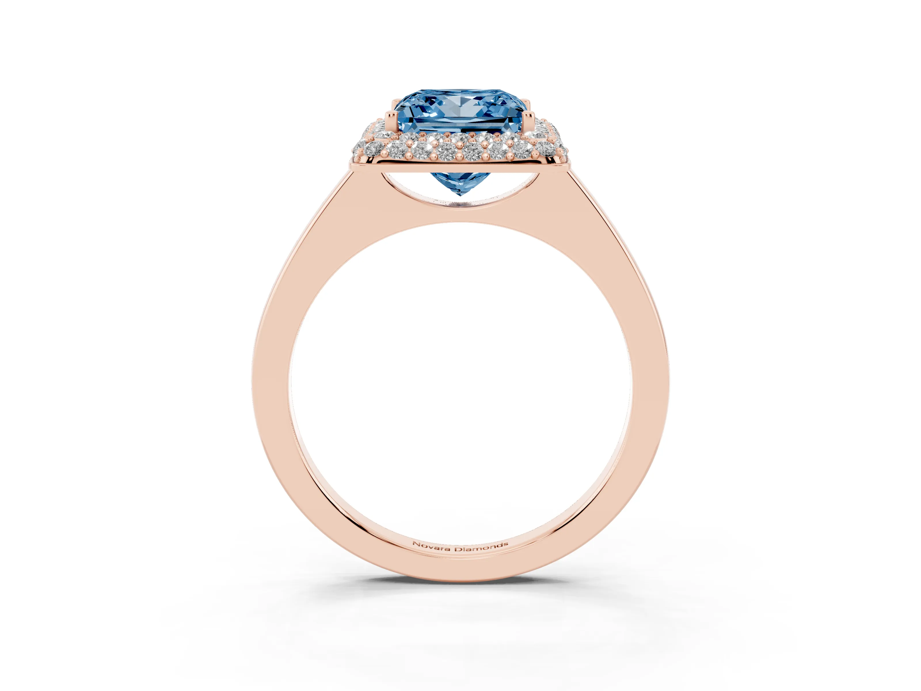 Fancy Blue Princess Cut Diamond Halo Engagement Ring Set in Rose gold with Solitaire Band and Prong Setting