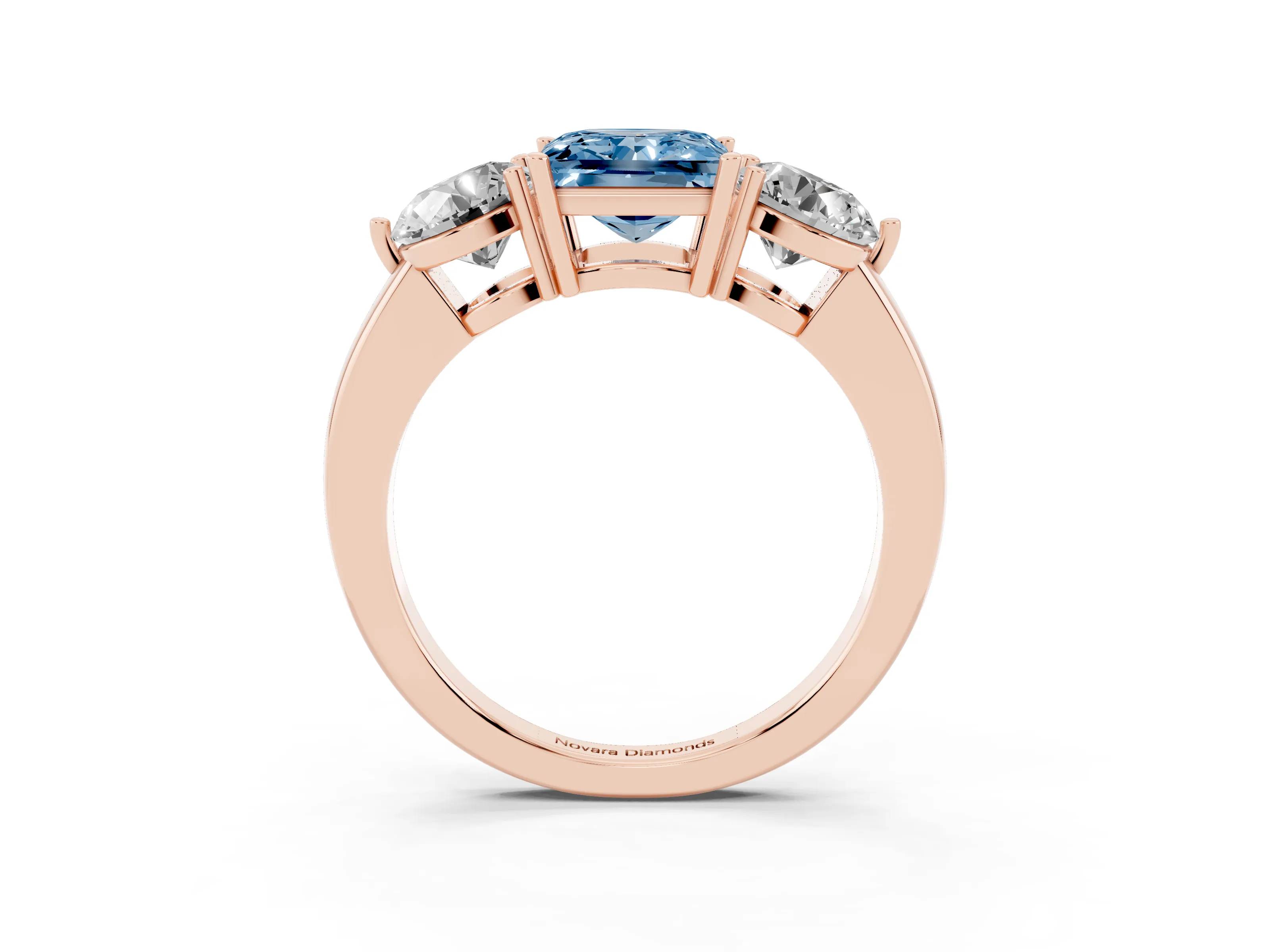 Fancy Blue Princess Cut Diamond Three-Stone Ring Set in Rose gold with Prong Setting and Plain Band