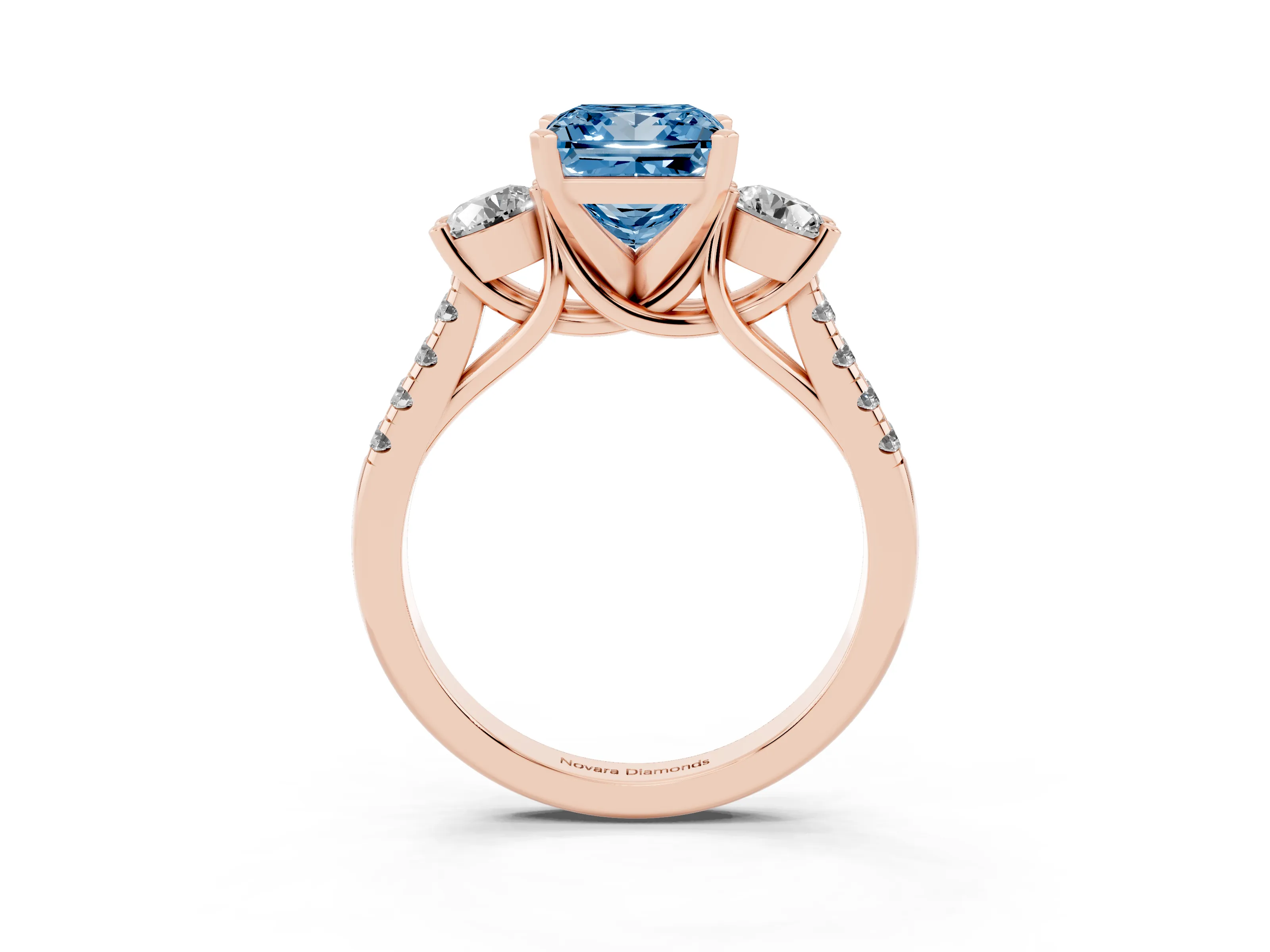 Fancy Blue Three-Stone Princess Cut Diamond Pavé Band Ring Set in Rose gold with Prong-Set Trio