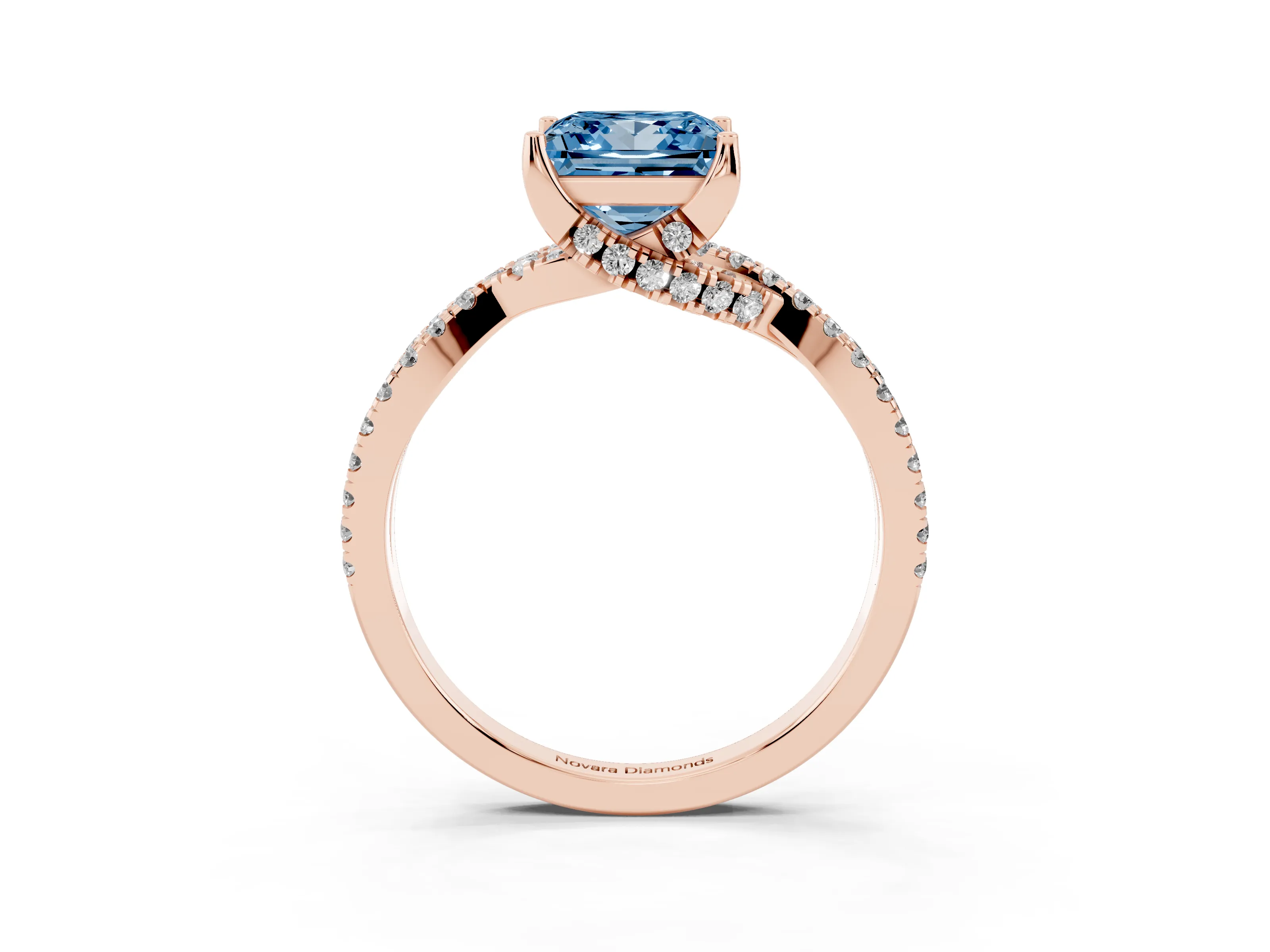 Fancy Blue Princess Cut Diamond Twist Pavé Solitaire Engagement Ring Set in Rose gold with Prong Setting